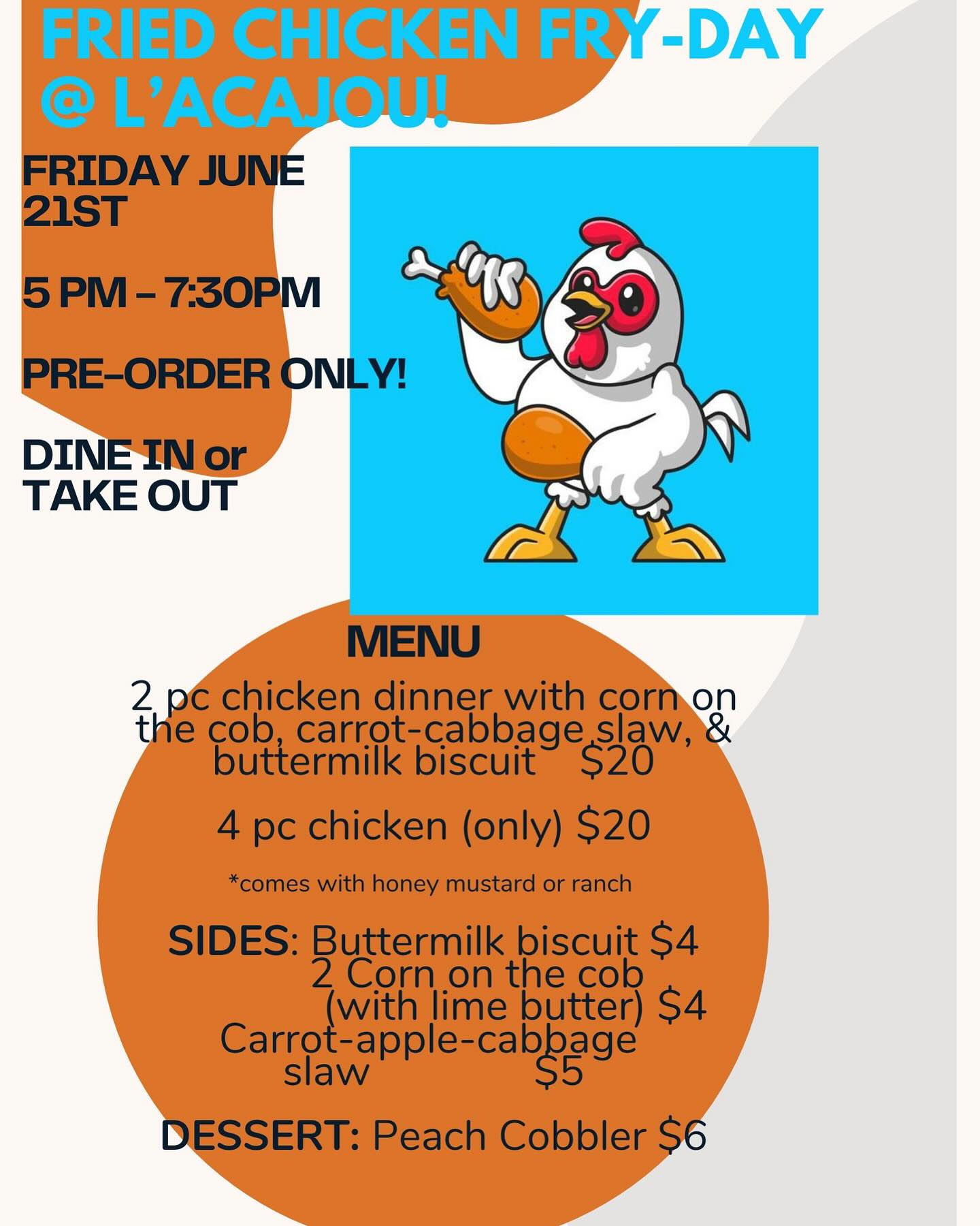 Next Friday is FRYDAY ya’ll. Let’s celebrate the start of summer with some deeee-licious fried chicken AND peach cobbler! Dine in (inside or patio) or take out- pre order in store or on the phone only!
#friedchicken #fryday #oakland