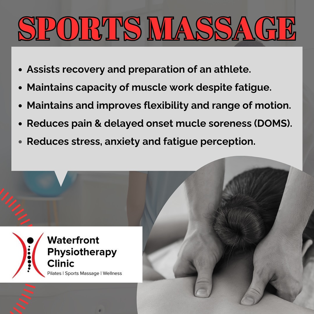 SPORTS MASSAGE
We at Waterfront Physiotherapy Clinic offer sports massage as one of our services.
While evidence shows varied results, we believe the main benefits in range maintenance, pain reduction and relaxation may be a useful adjunct to your recovery and optimal performance as athletes.
Booking details in our bio.
Dakić, M. et al. (2023) ‘The effects of massage therapy on sport and exercise performance: A systematic review’, Sports, 11(6), p. 110. doi:10.3390/sports11060110.
