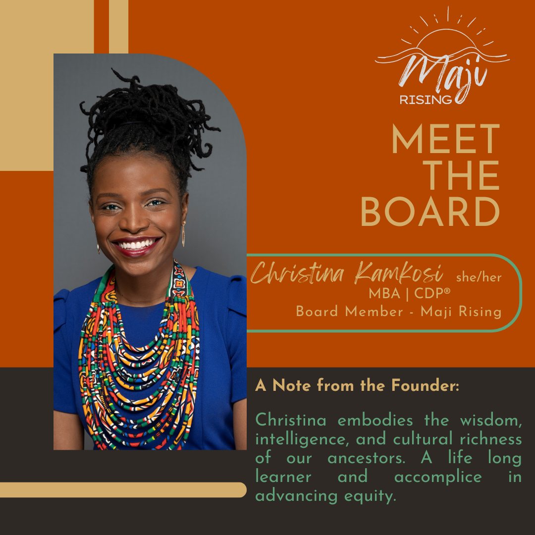 Meet the Maji Rising Board of Directors!
Christina Kamkosi- Maji Rising Board Member
A note from Founder Anna Franklin:
Christina embodies the wisdom, intelligence, and cultural richness of our ancestors. A life long learner and accomplice in advancing equity.
#community #wellness #justice #trustingrelationships #education #healing #spokanewashington #majirising #spokane #Washington #healthcare