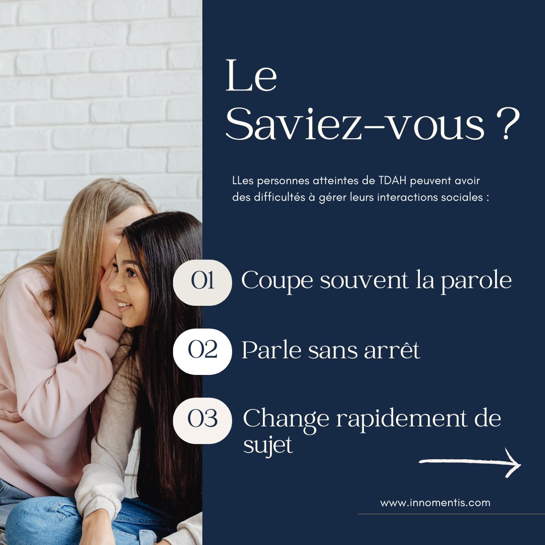 Saviez-vous que le TDAH peut influencer la façon dont une personne interagit socialement ? 🧠 Les personnes atteintes de TDAH peuvent :
• Couper souvent la parole 🚶♂️
• Parler sans arrêt 🗣️
• Changer rapidement de sujet 🔄
Swipez pour en savoir plus sur ces comportements et mieux comprendre les défis sociaux liés au TDAH. 💬 #tdah ##santementale #neurodiversité #adhd