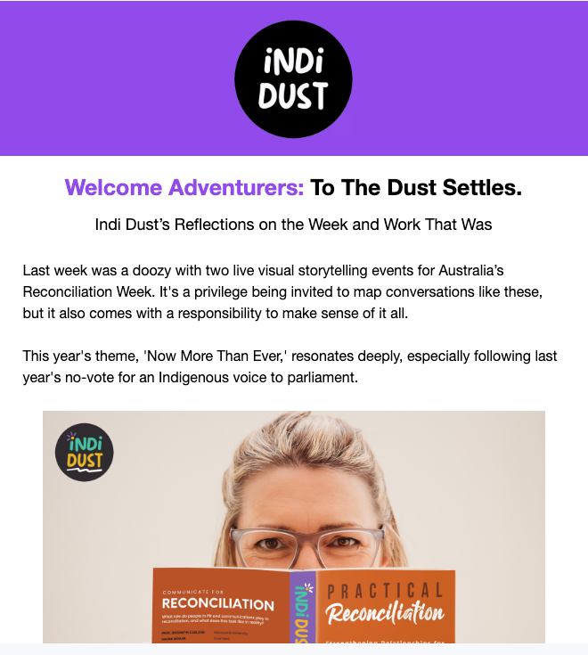 Can you even draw reconciliation? 🤔
Find out how Indi Dust captured National Reconciliation Week events for Evolve Communities and SUADA last week in 'The Dust Settles' - our newsletter where we delve into the world of visual storytelling. (How cute is this photo, thanks to the creative capture from Megan Leete Photography!)
Links are in my bio for this month's newsletter 📌 or take the plunge and become a regular subscriber to The Dust Settles.