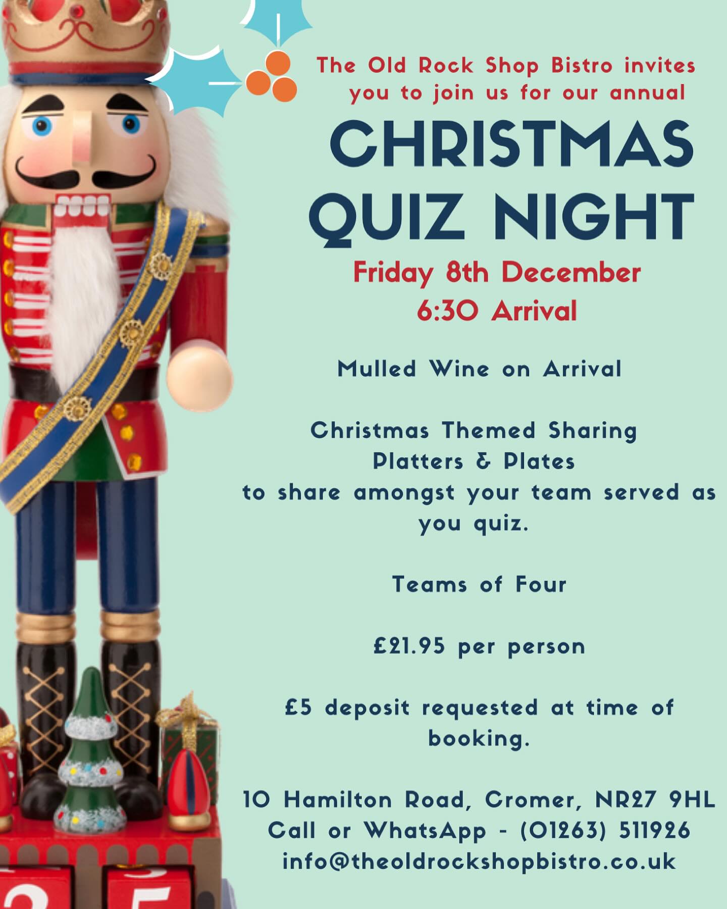 Our Annual Christmas Quiz returns next Friday….
Two tables of four remaining…
#christmasquiz #cromerquizzing #christmasfood #foodwithfriends #letsgetquizzical