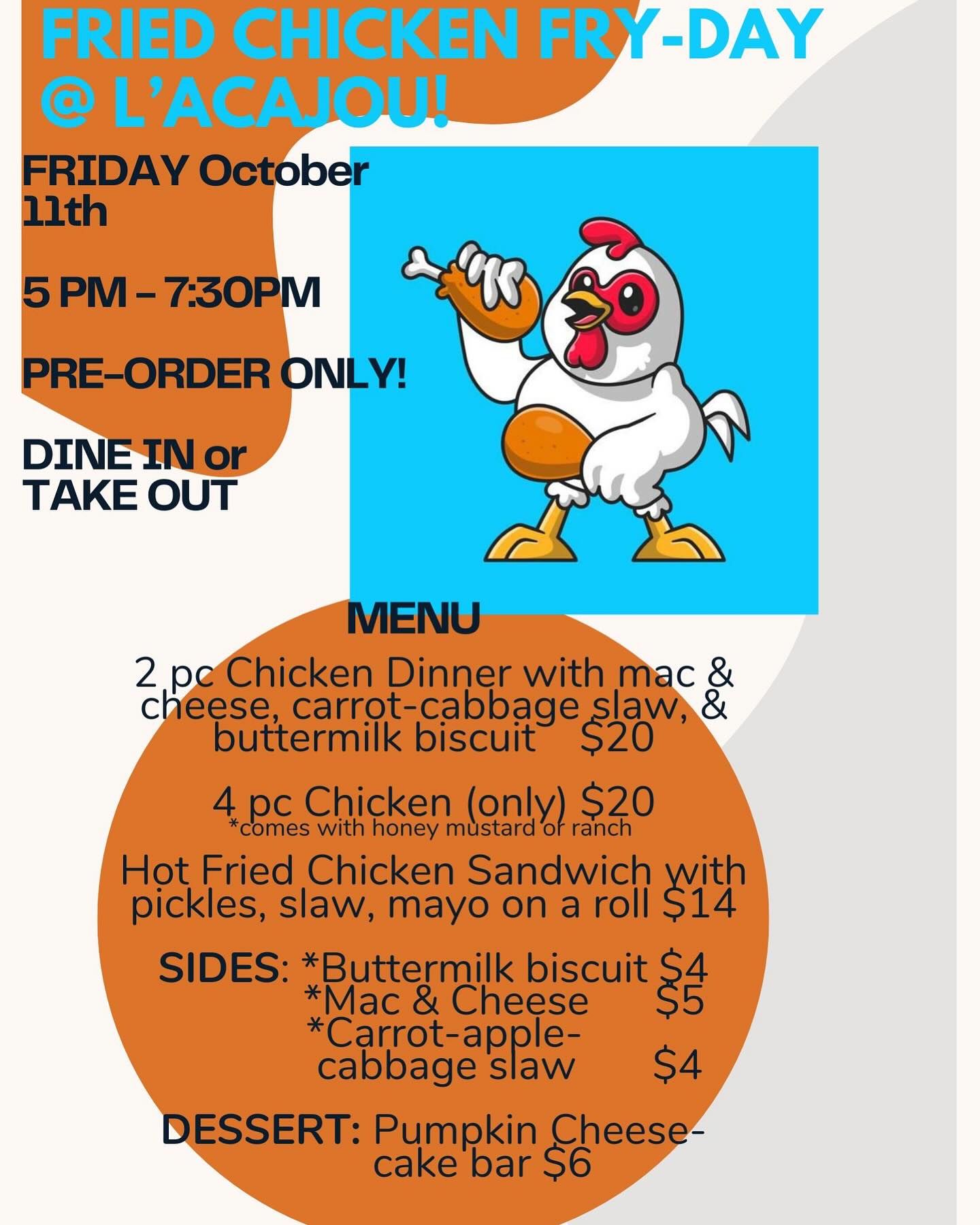 FRYDAY! Come join us this Friday for our fried chicken dinner. A couple new things for this edition: you can get a fried chicken sandwich, side of Mac and cheese and for dessert we’re having a pumpkin cheesecake bar! Preorder before Friday at 2 pm. See you there!
#oakland #popup #friedchicken