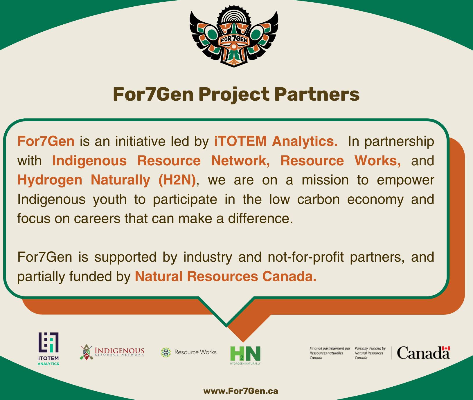 A little about us: 🔍
Led by iTOTEM Analytics, For7Gen collaborates with key partners — @indigenousresourcenetwork , @resource_works , and Hydrogen Naturally (H2N) — to support Indigenous youth in pursuing meaningful careers in the low-carbon economy. Together, we’re creating change that matters and empowering Indigenous youth for a greener future!
Big thanks to all our partners, including Natural Resources Canada, for supporting this important mission!
Visit www.For7Gen.ca (link in bio) to learn more.
#PartnershipsForChange #For7Gen #IndigenousLeadership #LowCarbonFuture #Sustainability #CareersThatMatter