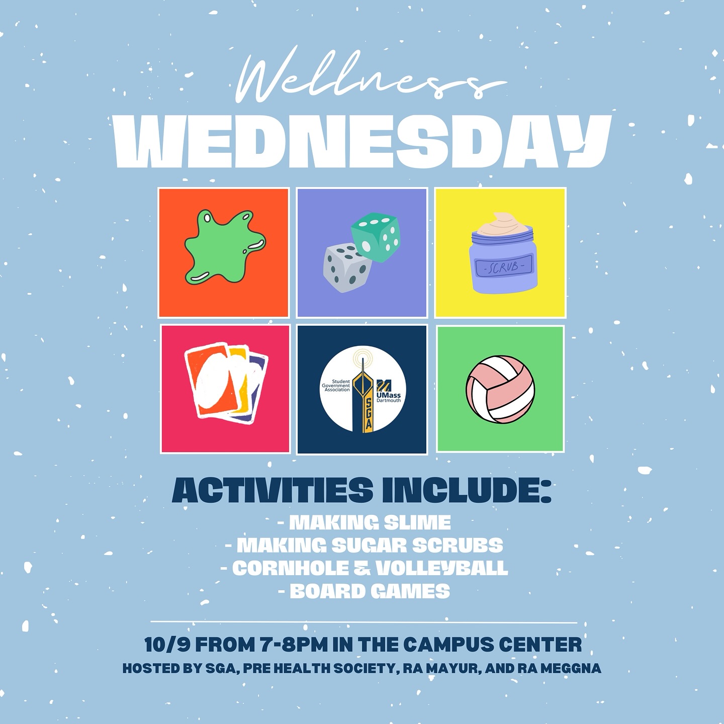 Join us on Wednesday, October 9th for some activities, crafts, and wellness resources. Prioritize your mental health as we enter midterms season with the SGA! 🧠😊🧵🥣