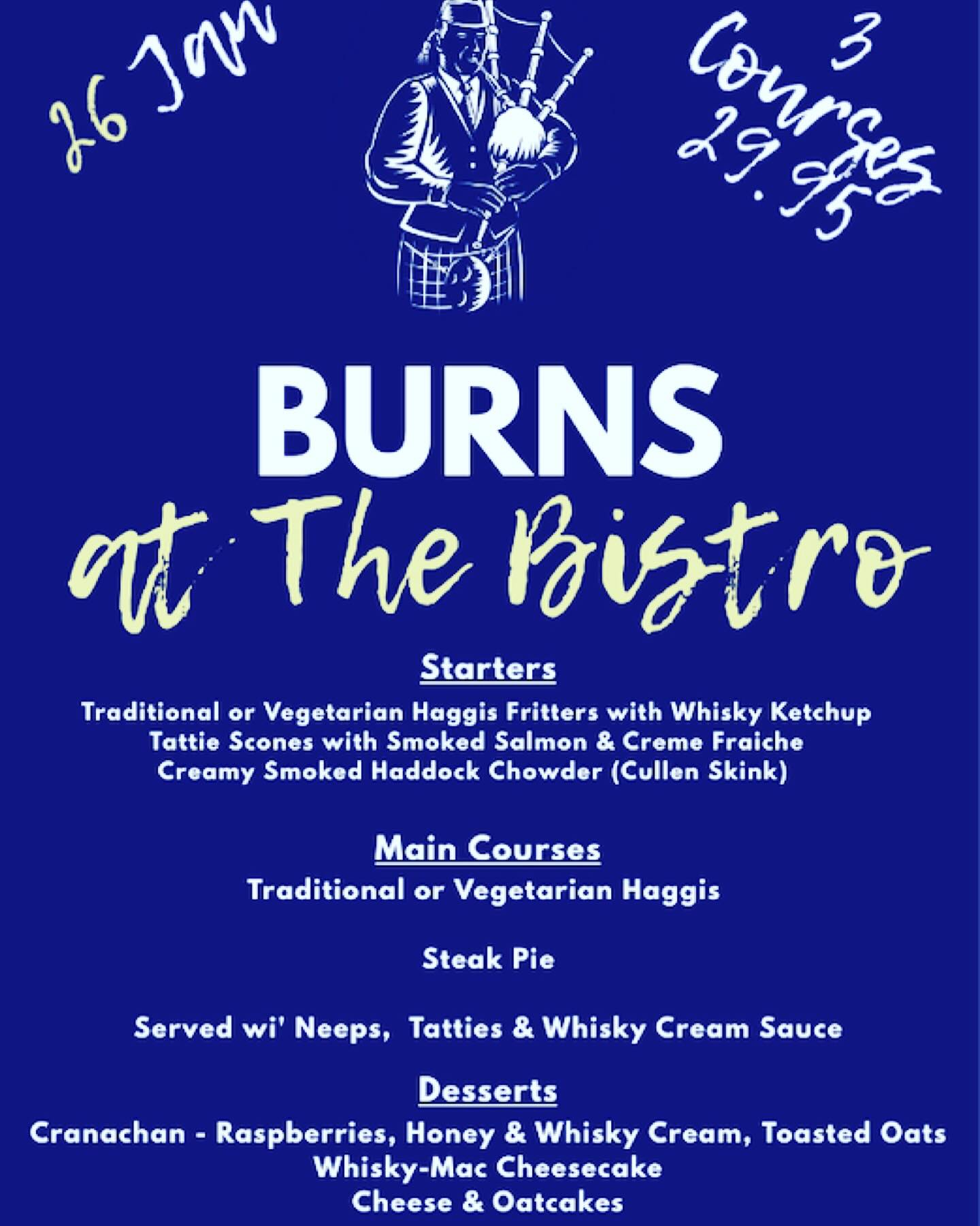 🏴 Burns at The Bistro 🏴
🍽️ Three Course Dinner 🍽️
📅 Friday 26th January 📅
🕰️ 6:30 arrival for dinner at 7pm 🕰️
🖊️ Advance Booking & Pre Order Required 🖊️
🏴This is our first year trialling all bookings for a single sitting - however please note that whilst we provide traditional Scottish background music & poetry with tartan & plaid dress highly encouraged it is not the full ceremonial evening with the piping of the haggis, readings etc.🏴
#Cromer #BurnsNight #rabbieburns #haggis #neepsandtatties #youtakethehighroadandilltakethelowroad