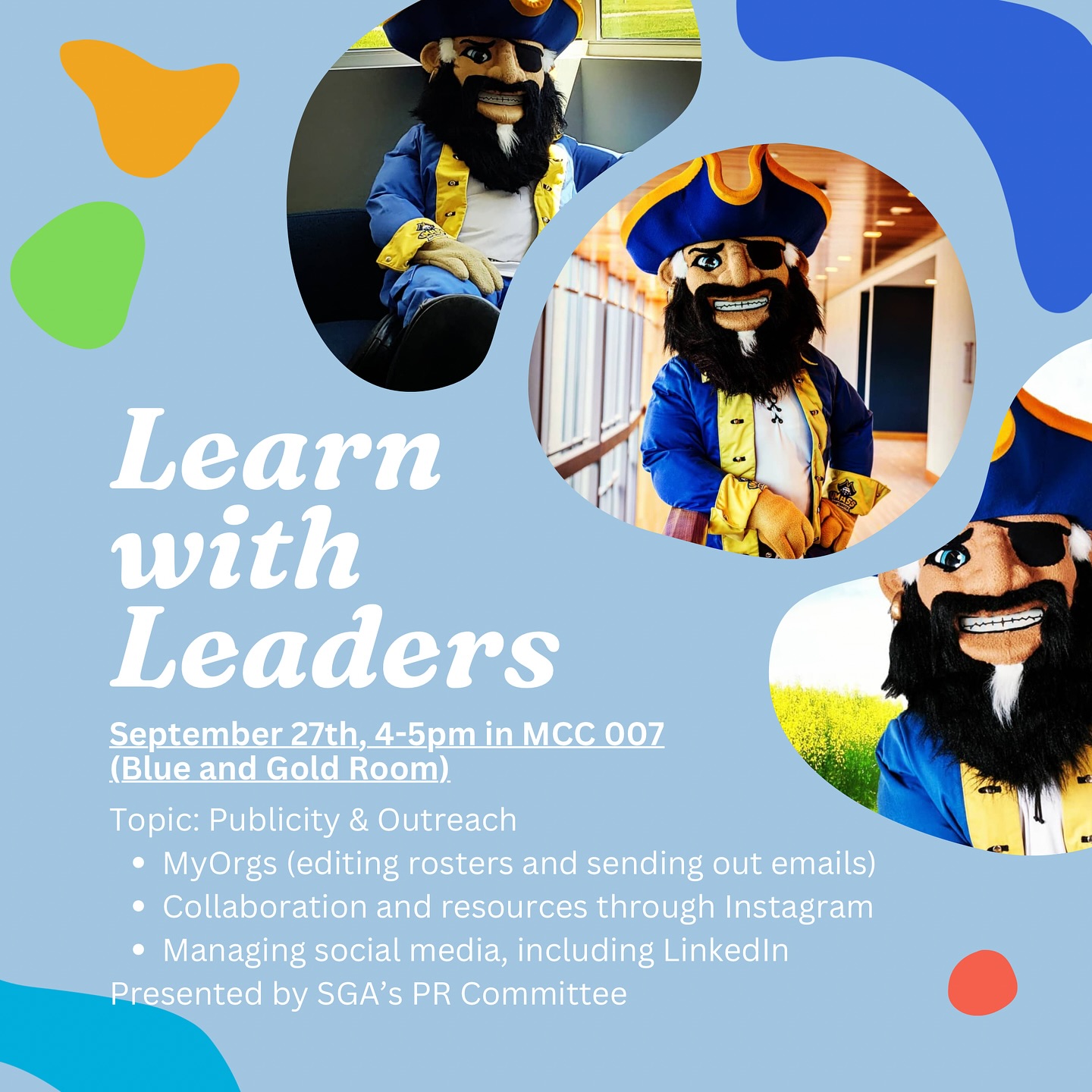 Join us this Friday for our first monthly “Learn with Leaders” event! Presented by our Public Relations Committee, each month’s event will revolve around a different topic, designed to help organizations on campus function more efficiently. 📝🧑💻👩💻👨💻
This month’s topic is “Publicity and Outreach.” We’ll be discussing MyOrgs tips, collaborations, and managing social media! 📱📢
We hope to see you in the Blue and Gold Room this Friday at 4PM. 🗓️
