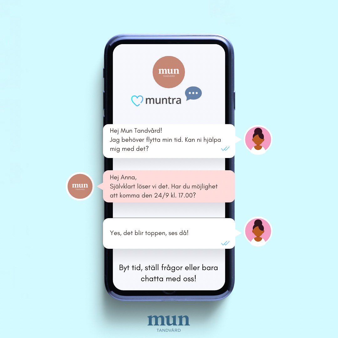 Nu kan våra patienter chatta med oss via Muntra Chatt! 🗨️ När du får din kallelse skickad till dig, kommer den att innehålla en länk till vår chatt. Vi finns här för att svara på dina frågor, ge råd eller bara chatta! 💬✨ #Patientvård #MuntraChatt #Tandvård