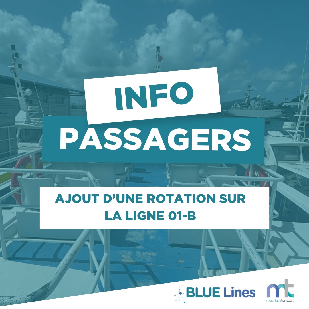 ❗Ajout d’une rotation sur la ligne 01-b❗
Chers usagers,
Une rotation supplémentaire sera assurée sur la ligne reliant Fort-de-France et la Pointe du Bout.
Nos horaires sont consultables sur notre site www.bluelines.mq et sur https://www.martiniquemobilites.mq/
👉Suivez nous sur nos différents canaux pour ne rater aucune information :
Notre chaîne WhatsApp : https://whatsapp.com/channel/0029Vaoe5oH23n3nnmSgd61j
Notre page Instagram : https://www.instagram.com/bluelines.martinique/
Notre page Facebook : https://www.facebook.com/profile.php?id=61561372989847
#bluelines #transportmaritime #navettesmaritimes #martinique