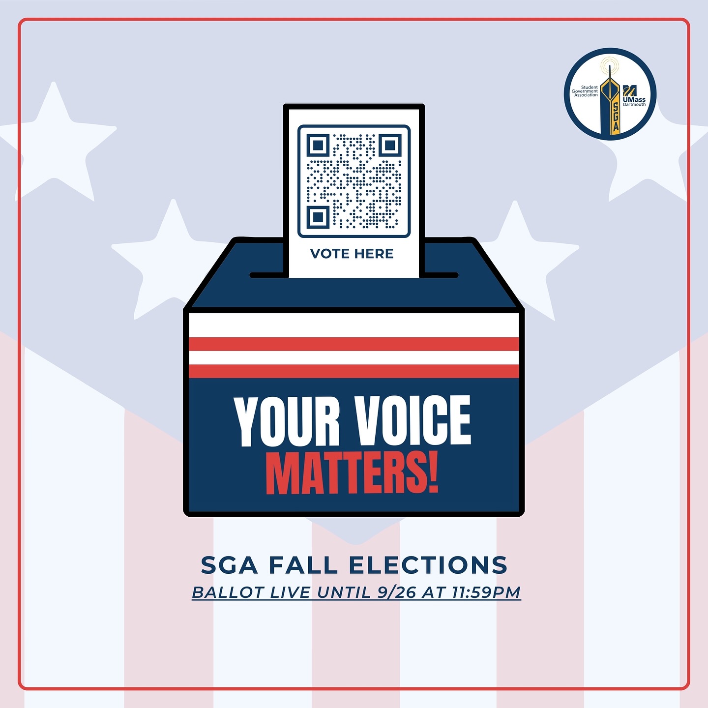 The ballot for our Fall 2024 Elections is NOW OPEN! Your voice matters, so make sure that you vote for the students that you feel are best fit to represent you this year. You have until Thursday, September 26th at 11:59PM to cast your vote. ☑️🗳️🗣️📢
Write-in candidates are allowed, so feel free to write-in the *full name* of yourself or a friend for any position that they would be eligible for. 📝
We are running a giveaway in conjunction with voting. Swipe to see how you can win a $50 UMassD Campus Store shopping spree! 🛍️
Good luck to all of our candidates! Please email sgapres@umassd.edu with any voting issues. 📧😉🍀