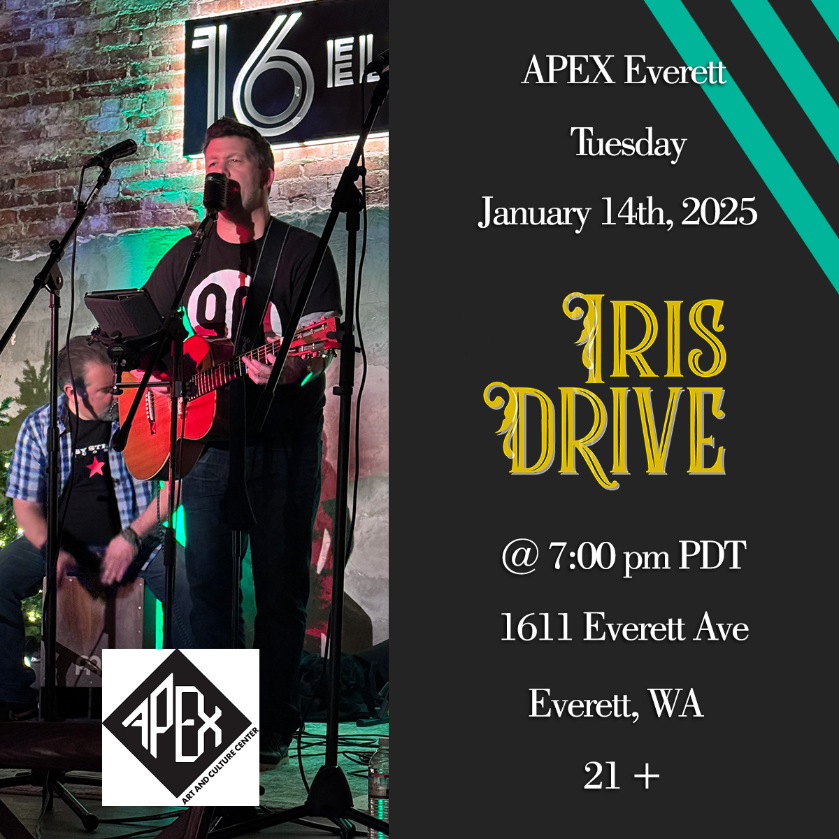 Let's kick off 2025 the right way! Join us at APEX in Everett, next Tuesday on January 14th, for some amazing food and great music. (The food is unreal by the way.) See you there!
#apexeverett #irisdrive #livemusic #everettmusicscene