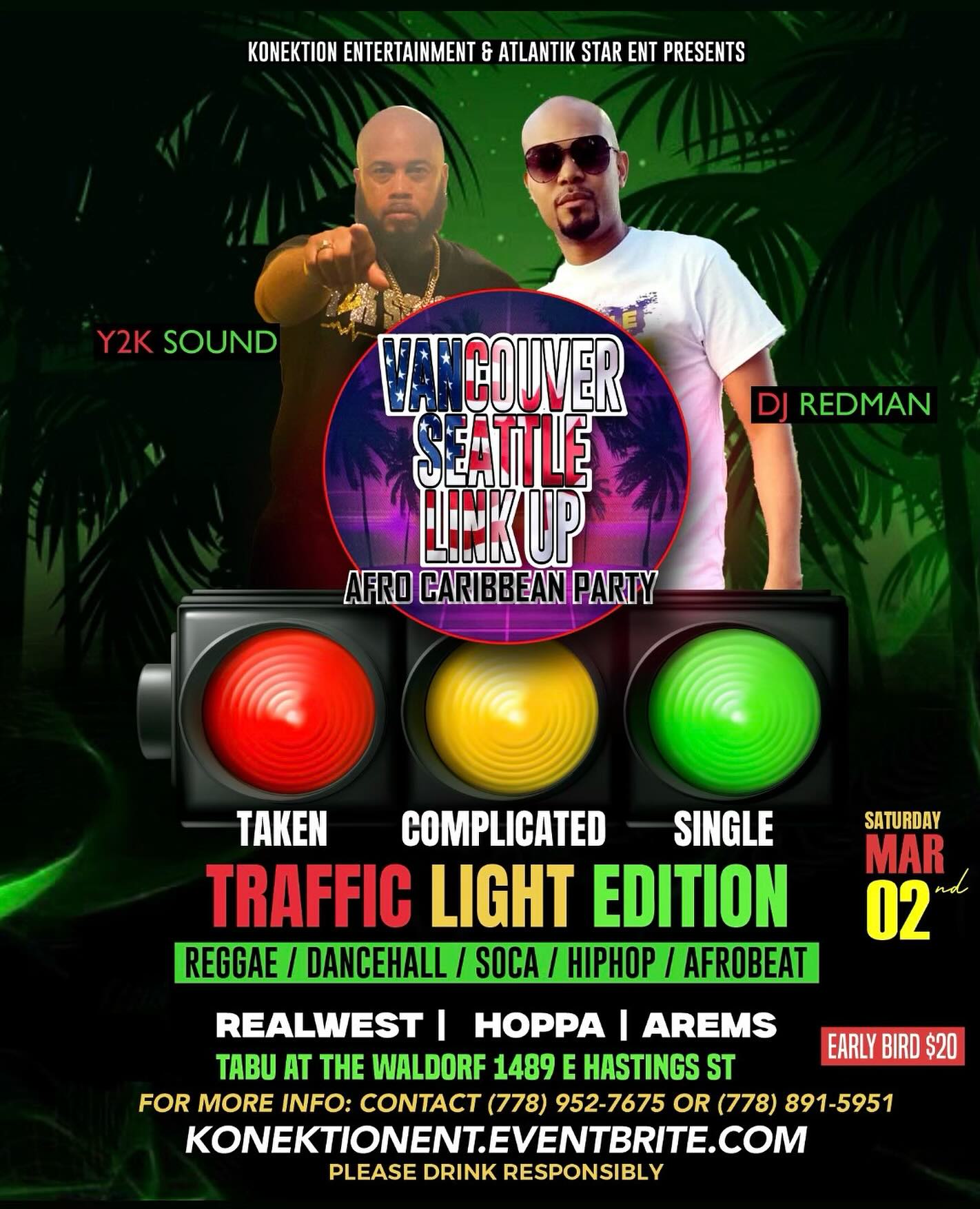 🚦 Light up your night with the vibrant beats of the Caribbean! 🌴 Join us for the Vancouver Seattle Link Up - Traffic Light Edition. Whether you’re taken, it’s complicated, or single, come dance to the rhythms of Reggae, Dancehall, Soca, HipHop, and Afrobeat. Get your early bird tickets for March 2nd and let’s turn the heat up a notch! 💃🕺