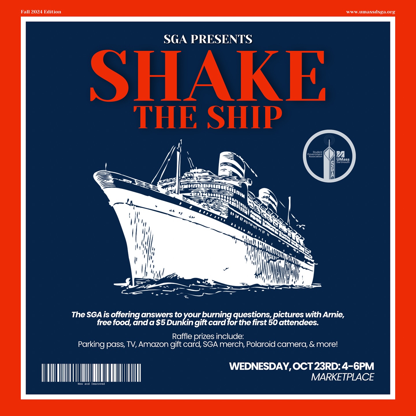 It’s TIME to meet our administrators and find out what’s going on around campus! Join us for our signature “Shake the Ship,” on October 23rd from 4-6PM in the Marketplace. 👀🎖️⚓️📢
This year’s Shake the Ship is new and improved, with a catered reception, Arnie appearance, photo wall, and raffle! Check out the poster for a sneak peek on what you could win... The first 50 attendees get a $5 Dunkin gift card, so make sure you get there first! As always, you will have the chance to ask questions *directly* to various UMassD administrators and vice-chancellors. 🤔💭
Have a question that you want us to ask? DM us or come tell a Senator while tabling in the Campus Center every weekday leading up to the event from 10AM-3PM. 👋
We look forward to seeing you there! ‼️