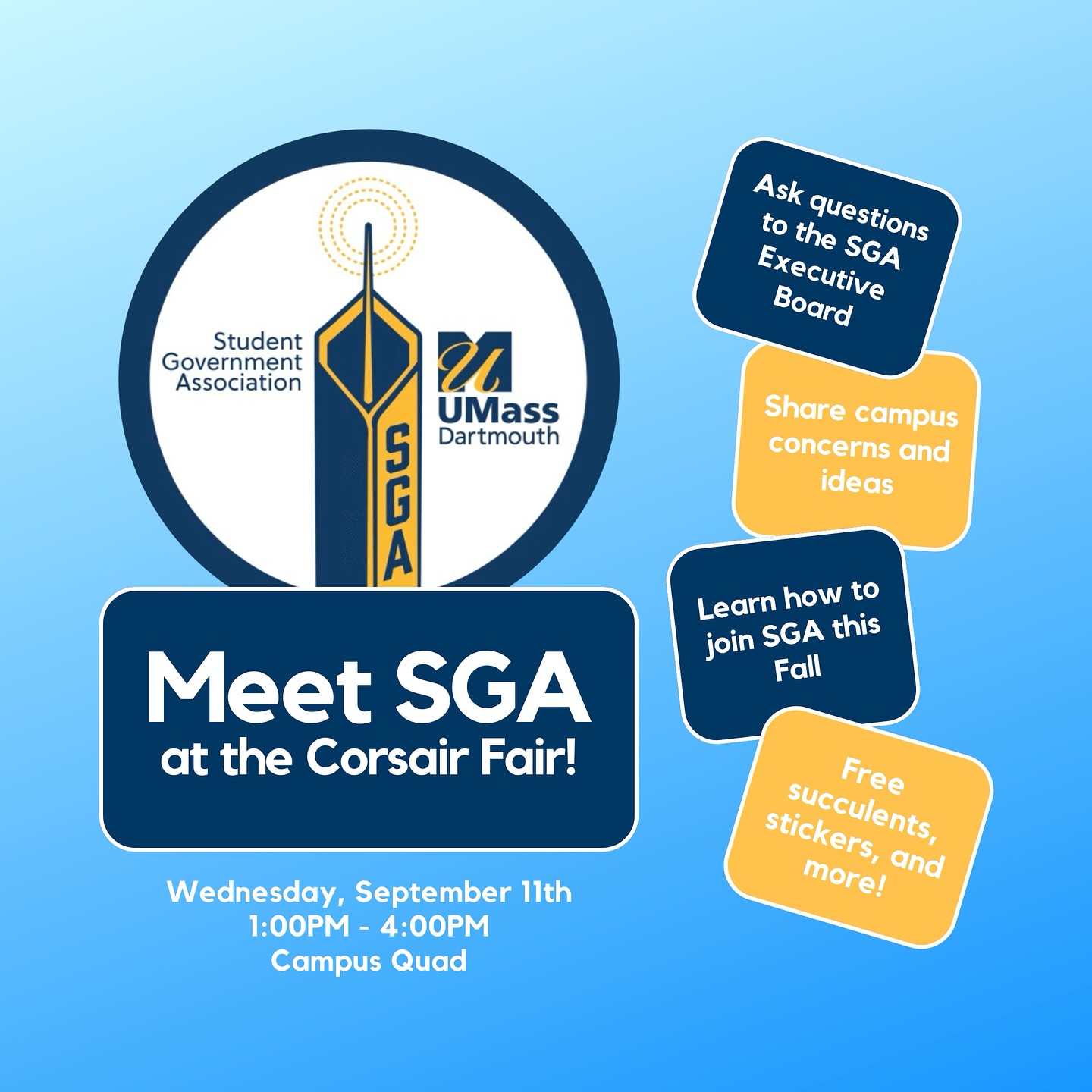 Come meet some members of the SGA at the Corsair Fair tomorrow! Want to talk about elections, classes, or the campus? Come see us, and bring your questions, concerns, and ideas! 🤗😏👏☕️🫖
We will also have succulents and Arnie stickers, which we’ll give out in exchange for an SGA suggestion. 😋🏴☠️🌱🌿