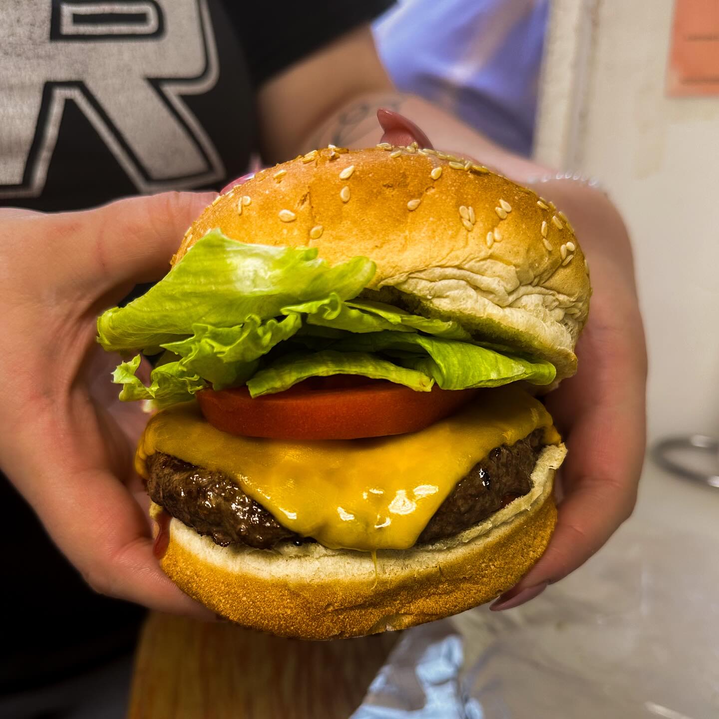 // One of our juicy & delicious 6 oz. burgers‼️ Made fresh daily! This is an employee creation, dubbed the classic “Krabby” Patty🍔 Swing by to build your own or try one from our menu, and don