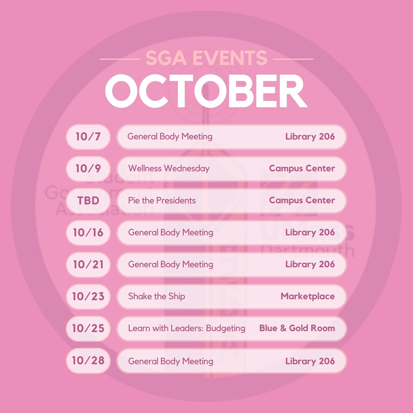 Here’s a sneak peek at what the SGA has in store for October, in pink to recognize Breast Cancer Awareness Month! 🩷🎃
General Body Meetings will be at 6PM. Please refer to upcoming individual flyers for all other event times. ✅