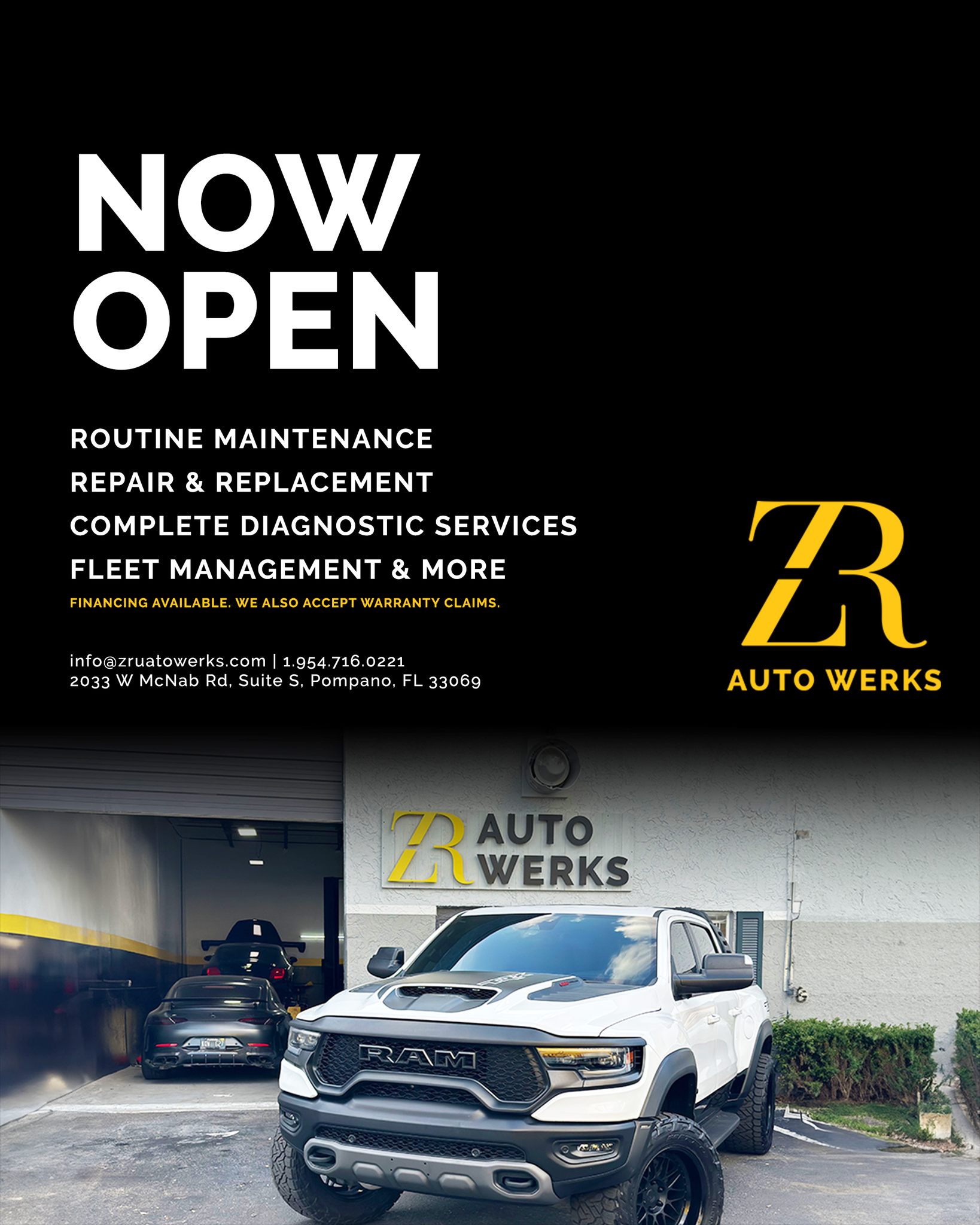 Welcome to ZR Auto Werks! 🏁✨ Our doors are now open to give your ride the VIP treatment it deserves. From routine maintenance to complex diagnostics - we've got you covered. Plus, we handle fleet management and warranty claims, all with the option of financing. Drive into our location and experience top-tier service for your vehicle.
#NowOpen #LuxuryAutoCare #ZRautowerks #VehicleMaintenance #PompanoAutoShop #mechanic #browardautorepair 🚗💼🔧