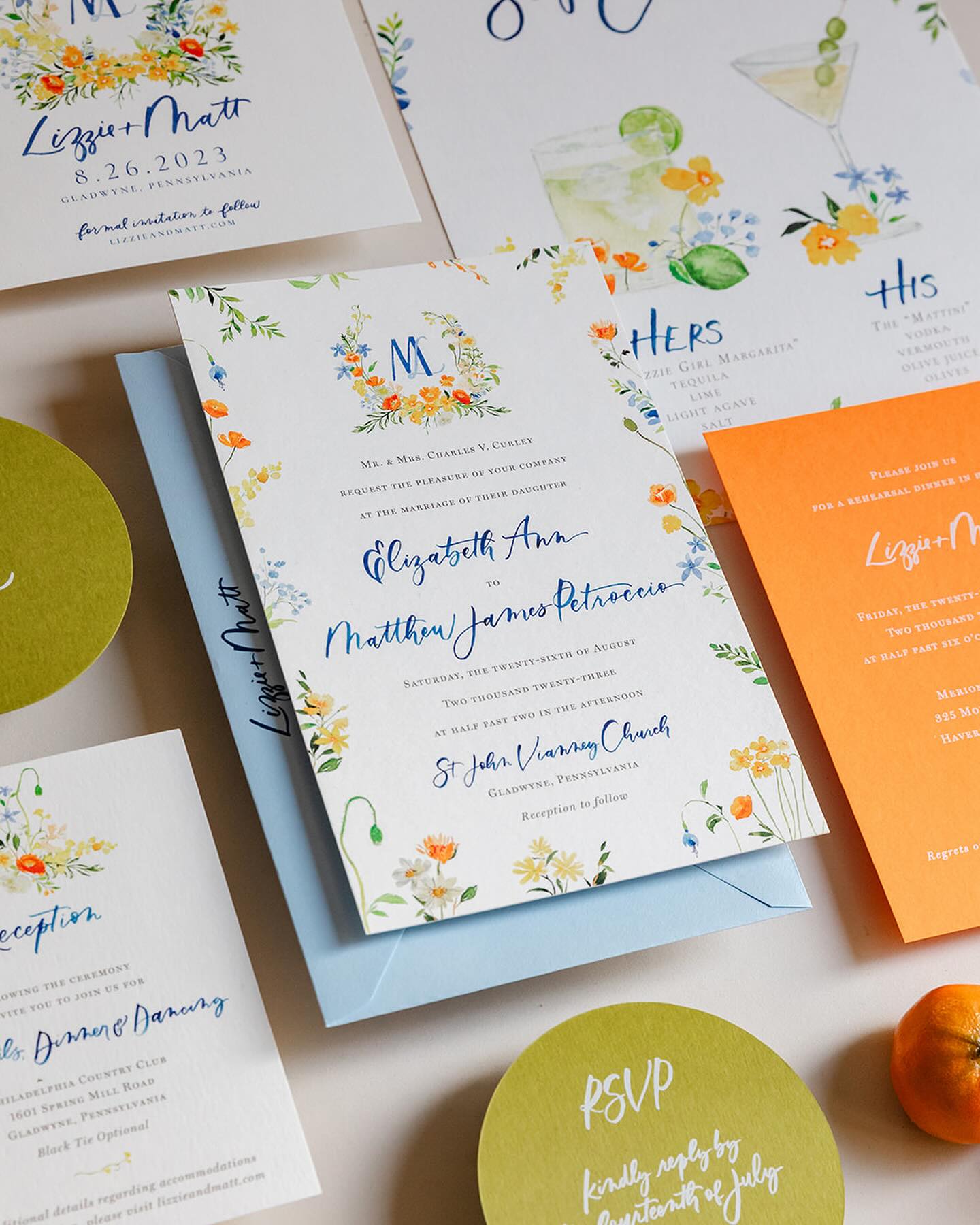 This invitation suite brings me so much joy. The lively and lovely pop of tangerine, and how it contrasts with the chartreuse card and azure envelope, has got to be my favorite. Well, that and working with Lizzie and Kelly @afe_kellyp to make this all happen 🧡 Also, I can’t believe it’s been almost a year, happy anniversary Lizzie + Matt!
.
.
.
Photo: @visualsbytanya
#luxurywedding #phillywedding #phillybride #custominvitations #watercolorinvitation #bespokeinvitations #watercolorwedding #weddingcrest #watercolorcrest #merioncricketclub #customstationery #weddingstationery #weddinginvintation #weddingideas #weddingcalligraphy #nycalligrapher #njcalligrapher #stjohnvianneywedding