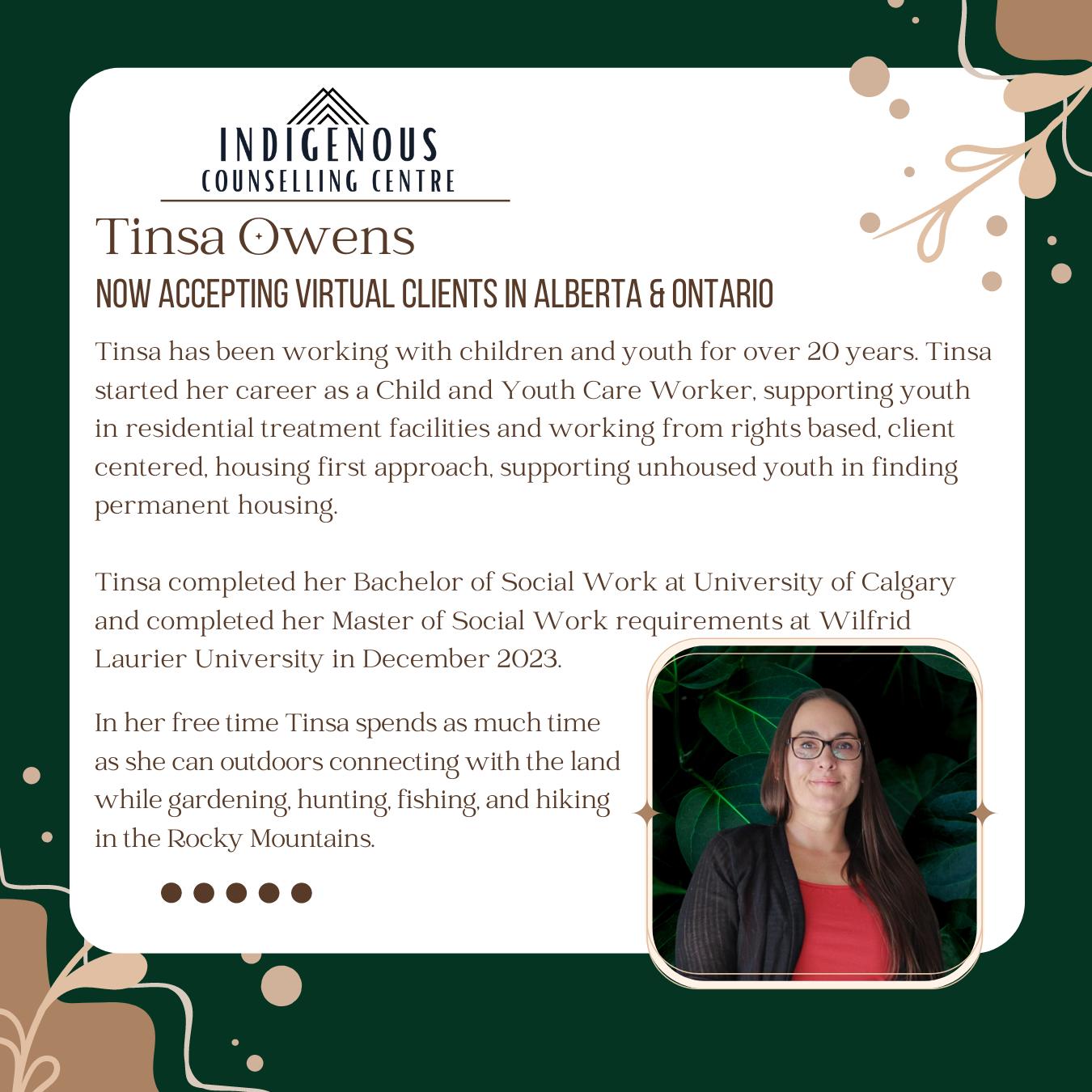 Join us in welcoming Tinsa to the ICC team, she brings with her a wealth of knowledge. Tinsa has been working with children and youth for over 20 years. Tinsa started her career as a Child and Youth Care Worker, supporting youth in residential treatment facilities and working from rights based, client centered, housing first approach, supporting unhoused youth in finding permanent housing.
Tinsa completed her Bachelor of Social Work at University of Calgary and completed her Master of Social Work requirements at Wilfrid Laurier University in December 2023.
In her free time Tinsa spends as much time as she can outdoors connecting with the land while gardening, hunting, fishing, and hiking in the Rocky Mountains.
#mentalhealth #counselling #therapy #indigenouscounsellingcentre
