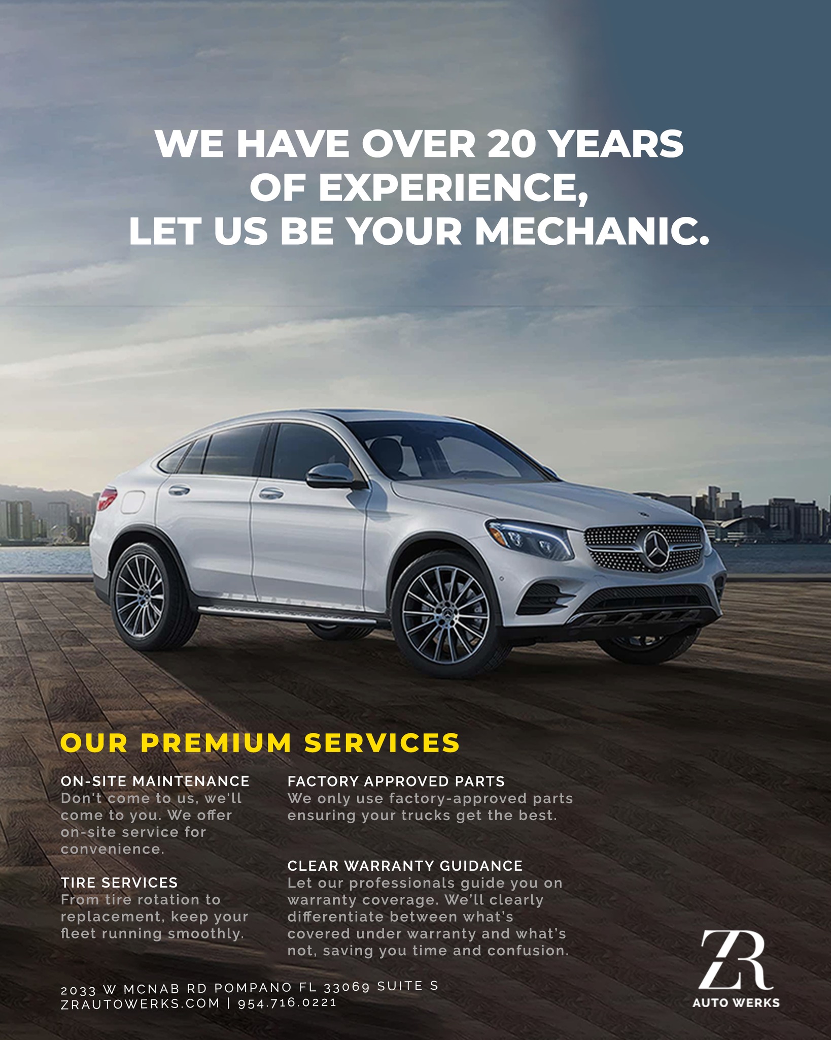 🌟Experience the gold standard of auto care with ZR Auto Werks, where our 20+ years of experience in the industry meets your every vehicle need. From the convenience of on-site maintenance to the reliability of factory-approved parts and tire services that ensure a smooth ride, we bring our expertise directly to your doorstep.
Plus, our transparent warranty guidance means you'll never find yourself in a maze of fine print. Choose us for a service that’s as distinguished as your vehicle.
#floridamechanics #OnSiteAutoService #QualityYouCanTrust #mercedesspecialist