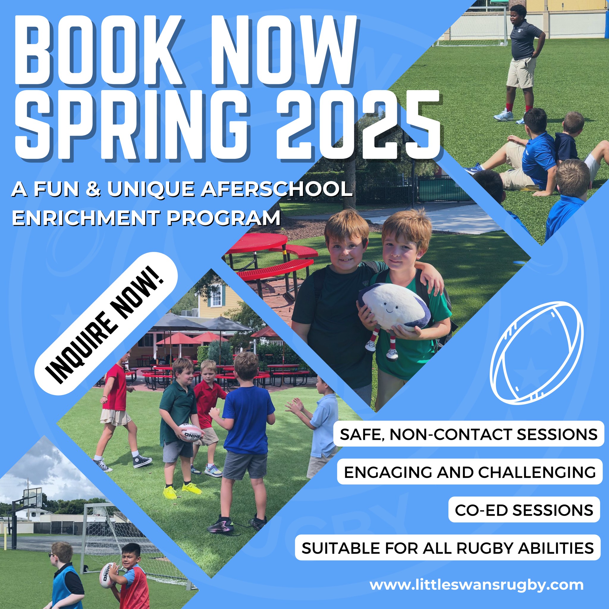 Spring 2025 dates are now available for booking! 📅
Move into the new term with our afterschool rugby enrichment program, designed to build teamwork, confidence, and fitness.
Secure your spot with Little Swans Rugby! 🏉
#Spring2025 #AfterschoolEnrichment #RugbyForSchools