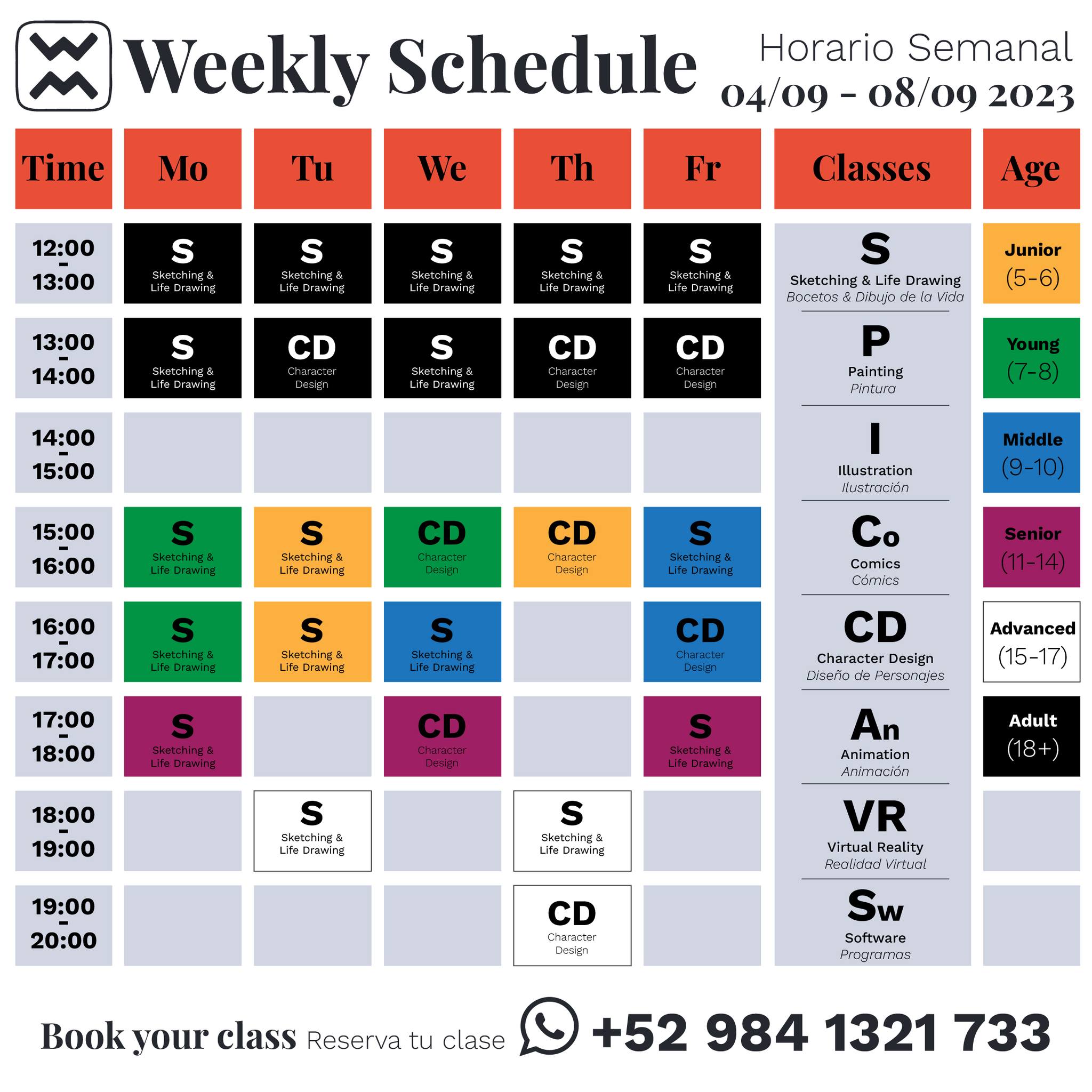 Ready, GO!
September 4th!! Here's the weekly schedule.
¡4 de septiembre!! Aquí está el horario semanal.
#TheWizardWorkshop #ArtClasses