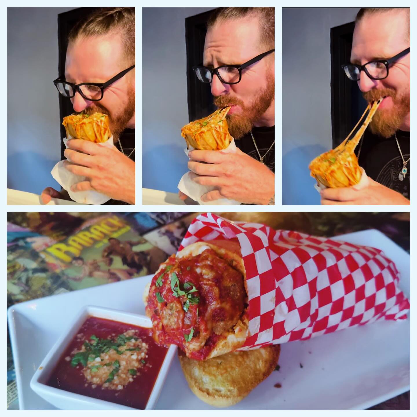 It’s back! AGAIN! Come get the cheesy meatball cone before we run out. AGAIN! And someone tell my buddy that’s too old to do a Instagram. #jabbathesub