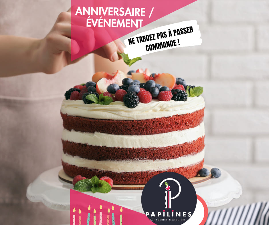 🎂 Je vous propose divers gâteaux d'anniversaire, toujours 100% fait maison ! Number cakes, layers, charlottes, paris-brest, tartes, saint honoré, millefeuille etc ... Il y en a pour tous les goûts, et je vous propose un gâteau personnalisé en fonction de vos souhaits 😉.
🍰 Contactez-moi au 06 19 52 97 10 ou via le site www.papilines.com