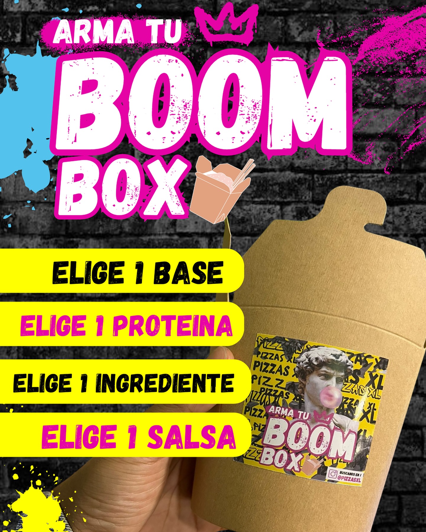 NUEVO PRODUCTO !!
BOOM BOX 🥡
Una caja amiga en la cual podrás mezclar y poner los ingredientes que más te gustan a tu pinta ✨
La podrás llevar a cualquier lado.
ELIGE TU BASE + 1 PROTEÍNA + 1 INGREDIENTE Y 1 SALSA .
SOLO POR $3.990 -
#almuerzo #boombox #comida #caja #pizzasxl