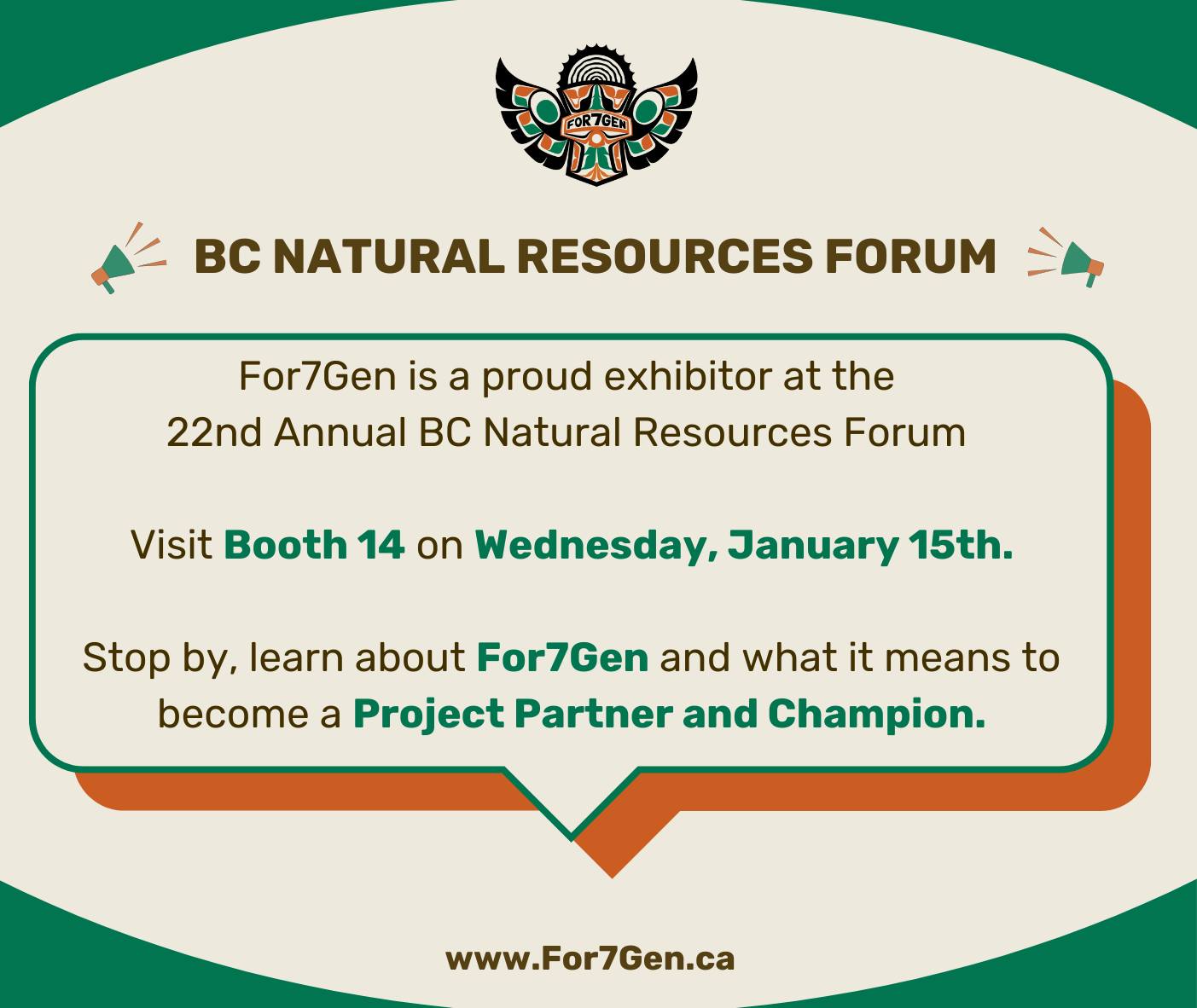🌿 We’re proud to be part of the 22nd Annual BC Natural Resources Forum.
Stop by Booth 14 on Wednesday, January 15th to learn how For7Gen is making an impact—supporting sustainable practices, encouraging innovation, building partnerships, and creating career opportunities for Indigenous youth in the bioeconomy and natural resource sectors.
Curious about becoming a Project Partner or Champion? Let’s chat! We look forward to connecting with you. 🤝 See you there!
https://www.for7gen.ca/projectpartners
#For7Gen #BCNRF #Sustainability #IndigenousInnovation #YouthEmpowerment #NaturalResources #Bioeconomy