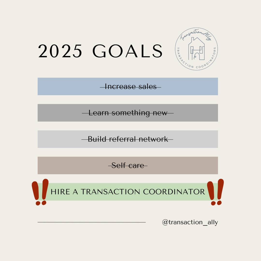Setting your goals for 2025? If hiring a TC is on there, reach out to us @transaction_ally! We carefully match your business needs with one of our 7 transaction coordinators to help take your business to the next level. Discuss leverage with us and how we can take the administrative tasks off your hands!