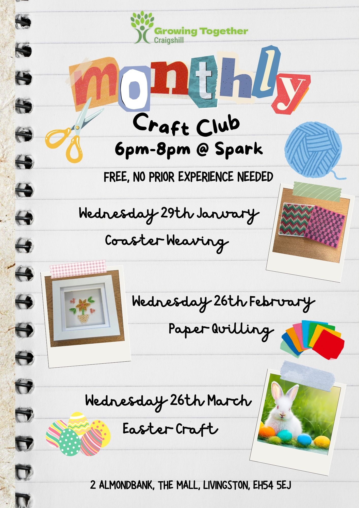 Our FREE Monthly Craft Club is BACK‼️
🎨 Wednesday 29th January 6pm-8pm @ Spark (Coaster Weaving)
🖌️ Wednesday 26th February, 6pm-8pm @ Spark (Paper Quilling)
🖼️ Wednesday 26th March, 6pm-8pm @ Spark (Easter Craft)
Don't miss out on these fun and creative sessions.
To book a space call Spark 01506 422093 or email Kirsty@sparkscot.com!!