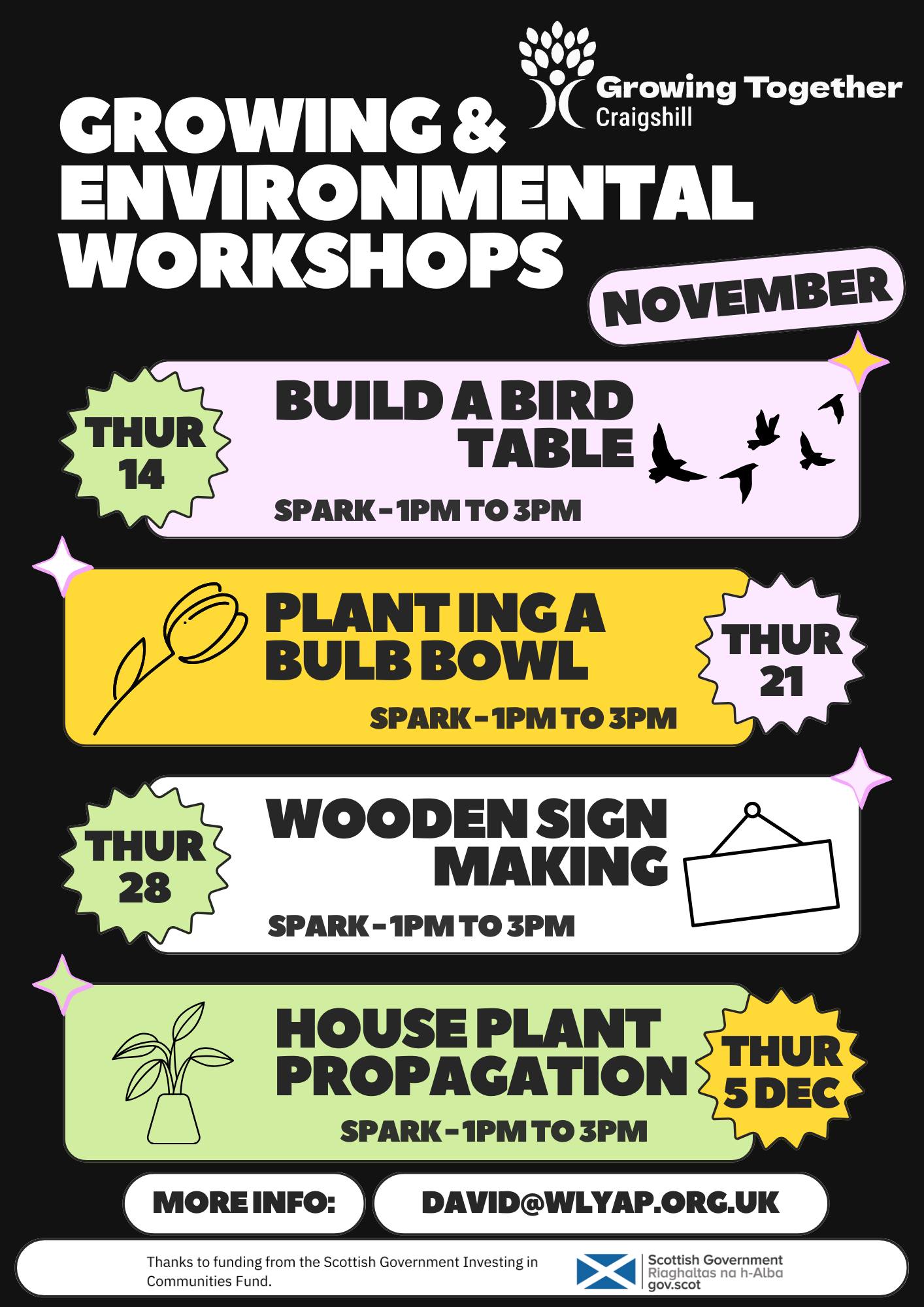 ***UPDATE***
Please note a change to dates for the upcoming Growing & Environmental Workshops at Spark.
There will no longer be a session on 7th November - we have moved that to 5th December now instead.
We are limited to 15 Spaces per session so booking is essential - These are not drop in events.
To book email david@wlyap.org.uk or through messenger
Bringing a little of the outdoors, indoors!
Come and join us for one of our fabulous workshops;
14th November - Build a bird table
21st November - Plant a bulb bowl
28th November - Wooden sign making
5th December - Houseplant propagation
All materials provided, and no prior skill required - These workshops are suitable for all age groups and ability.