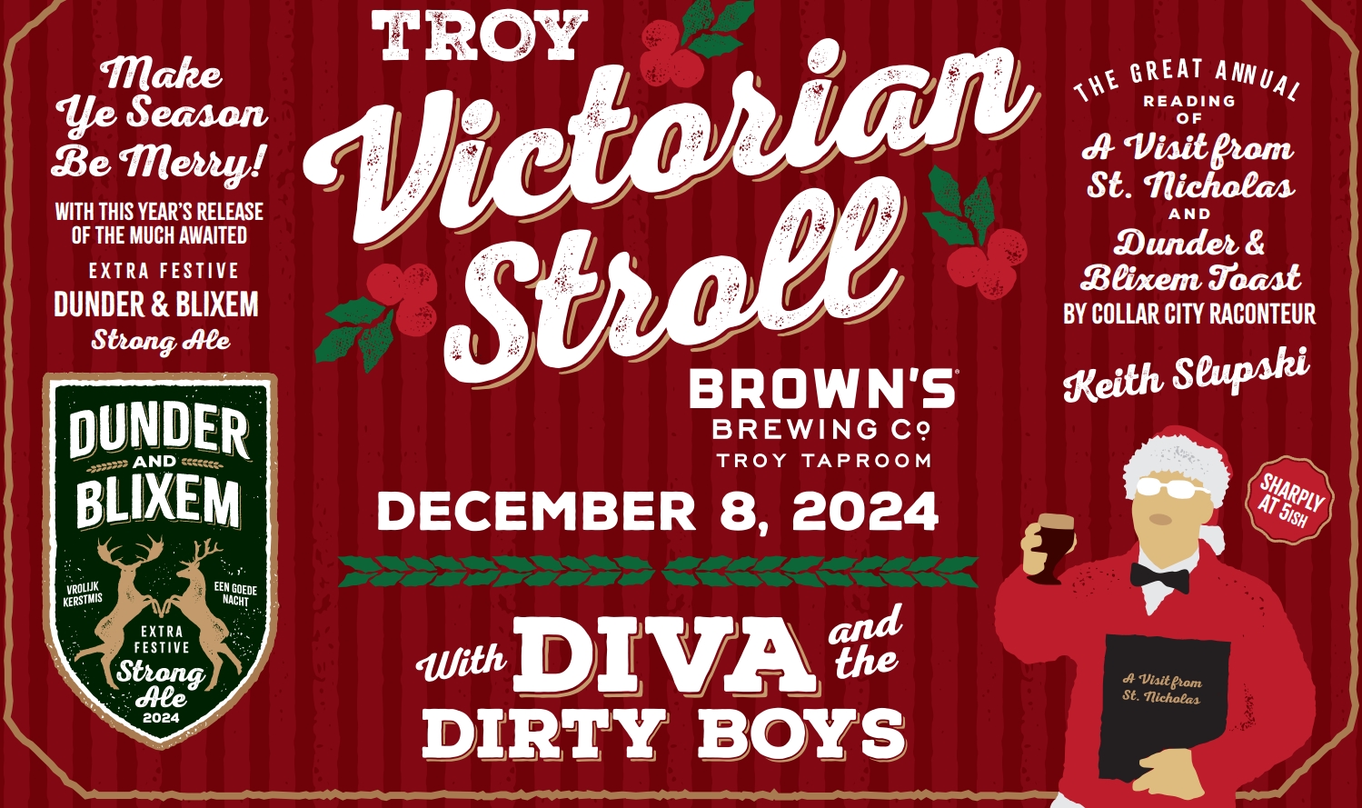 Join us at Brown's Brewing Company during the Troy Victorian Stroll for an afternoon of festive fun!
At 3 PM, enjoy a lively performance by Lisa Gordon's Diva & the Dirty Boys, followed by a heartwarming reading of Clement Clarke Moore's classic 'Twas the Night Before Christmas. Don't miss out on this perfect holiday celebration!
#troyvictorianstroll @brownsbrewingco