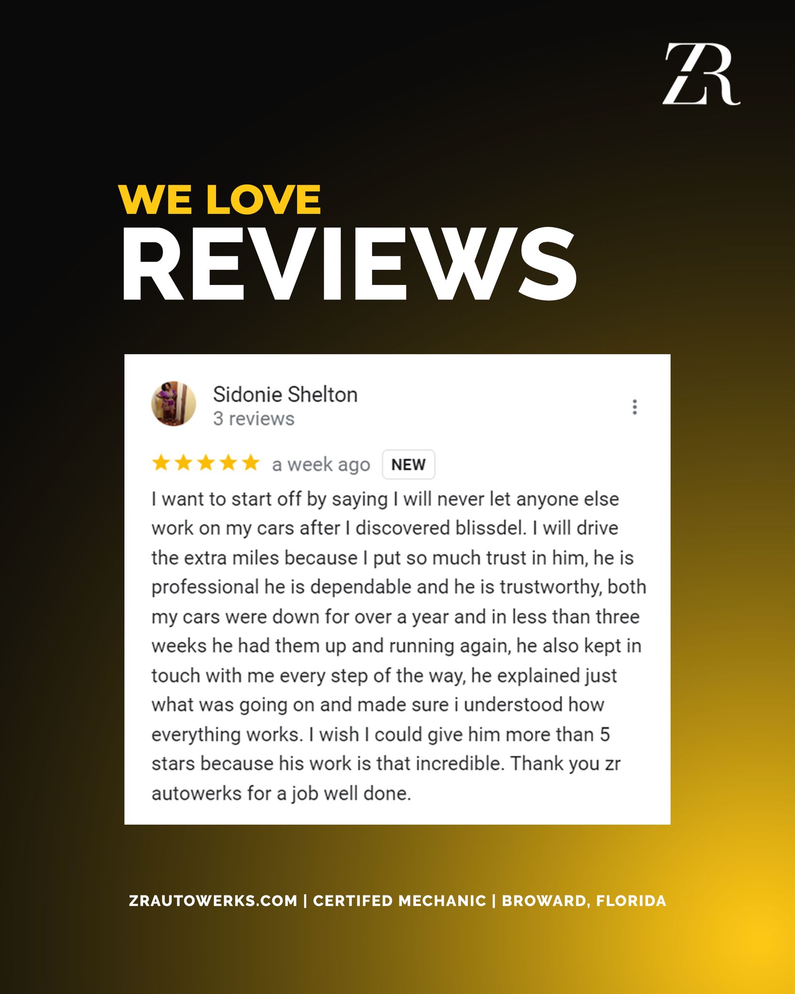 We love reviews! 💛 Sidonie, thank you so much for your review and for trusting Blissdel and ZR Auto Werks! We're happy to hear about your positive experience and are so glad we could get your cars running smoothly again. Keeping you informed every step of the way is part of our commitment to excellent service. We appreciate your kind words and are here whenever you need us. Here’s to many more miles of smooth driving! 🌟🚗
If we've ever worked on your vehicle, we'd love to hear your experience | Link in Bio
ZRAutoWerks.com
#mechanic #mechaniclife #mechanicshop #browardcounty #browardmechanic