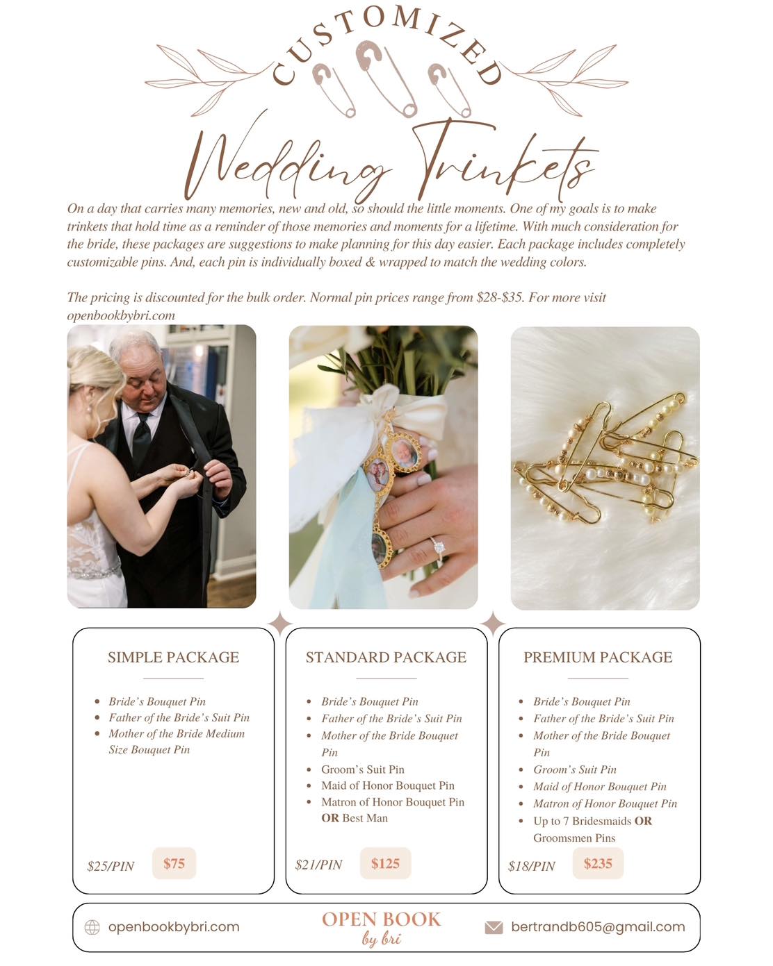 On a day that carries many memories, new and old, so should the little moments. 💌
With much consideration for the bride, these packages are suggestions to make planning for this day easier. Each package includes completely customizable pins. And, each pin is individually boxed & wrapped to match the wedding colors. 🎀
The pricing is discounted for the bulk order. Normal pin prices range from $28-$35.
Let’s talk! 🩵