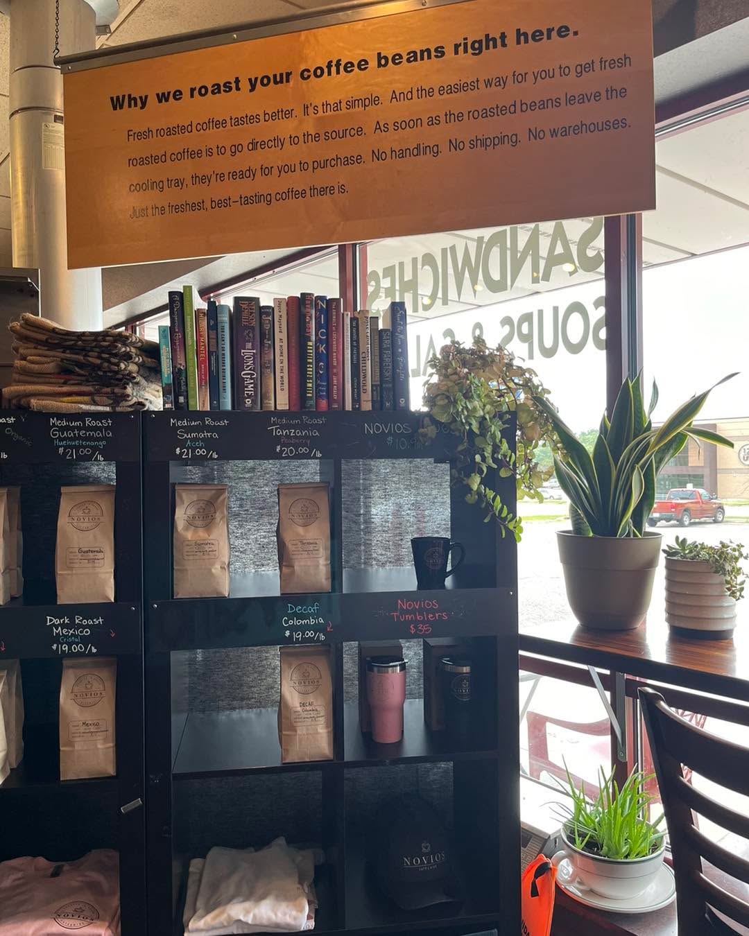 📚Book Club is tonight! 📚
It’s not too late to finish up that summer reading list at Novios Café & Wine. We meet at/around 6 PM.
No book? No problem! Check out the Novios community library. There is one on the bean bar as pictured, and more books live on the river side near the condiments.
Stop by, maybe make a new friend or two, and enjoy your book.
There is no assigned reading 💕