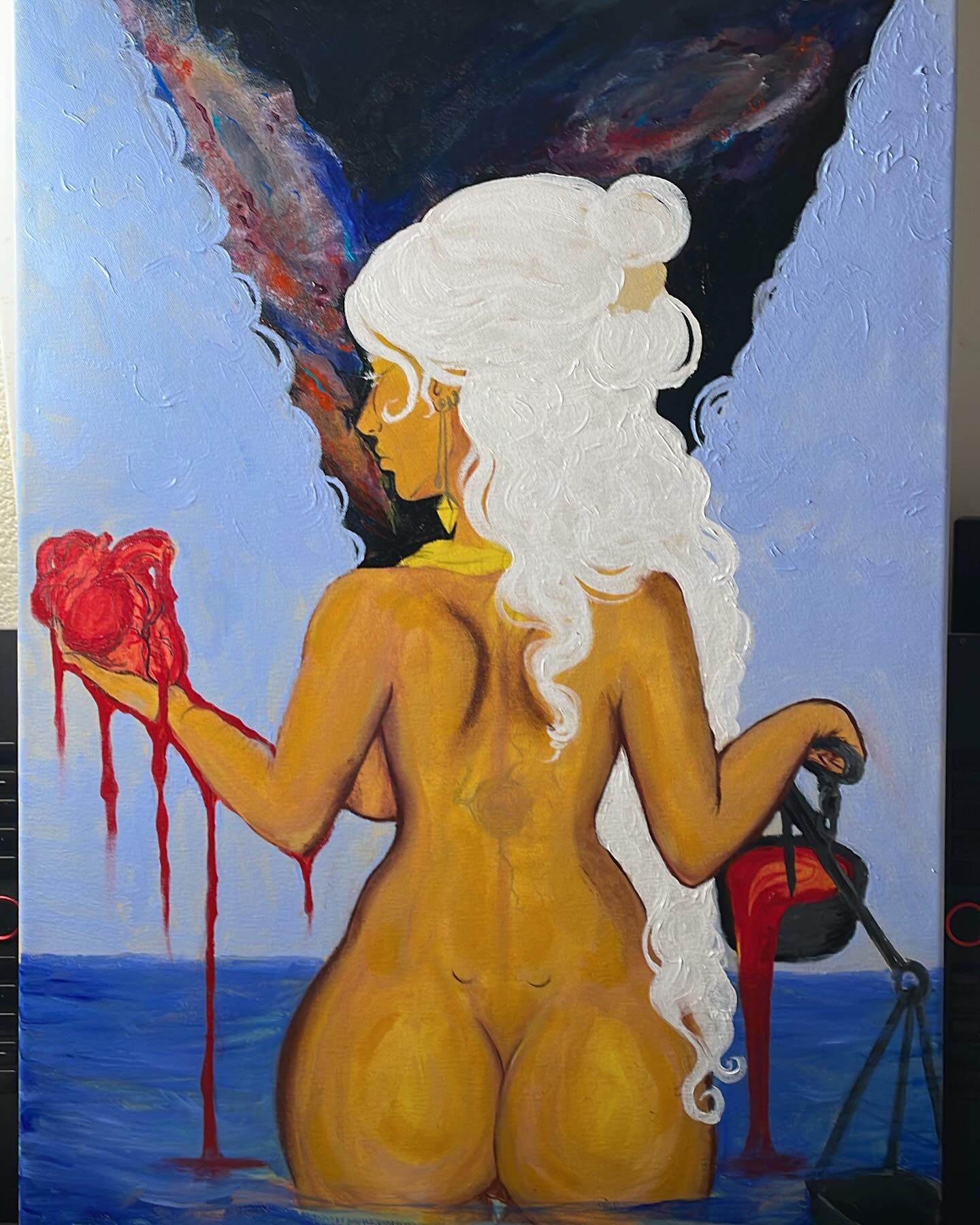 She’s almost done… I’ve been procrastinating on finishing her up for the longest time. Even though I’m my tired as hell… I wanted to work on something I guess I started getting use to being creating after work lol helps ease the soul.
Also been working with other Artist lately and man I feel like it’s making me more inspired; hungry for more creativity ! So I’ll finish her this weekend for sure. ✌🏼
#art #painting #artprogress #galaxy #heart #goodvsevil #⚖️