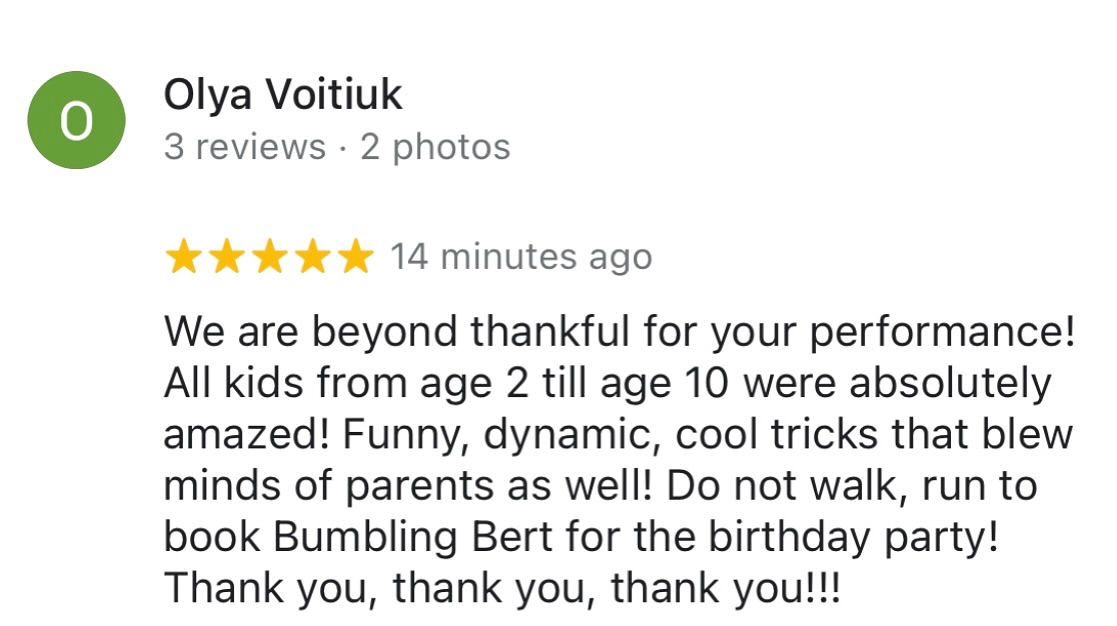 Feeling so grateful for moments like this! 🎩✨ It means the world to hear that the magic brought joy not only to the little ones but to the parents too! 🥰 Thank you, Olya, for the kind words—I’m humbled and thrilled that Bumbling Bert could make your day magical! 🌟
If you’re ready for some fun and amazement, you know where to find me! 😉 #BumblingBert #Magician #KidsEntertainment #PresswoodEntertainment #BirthdayPartyMagic