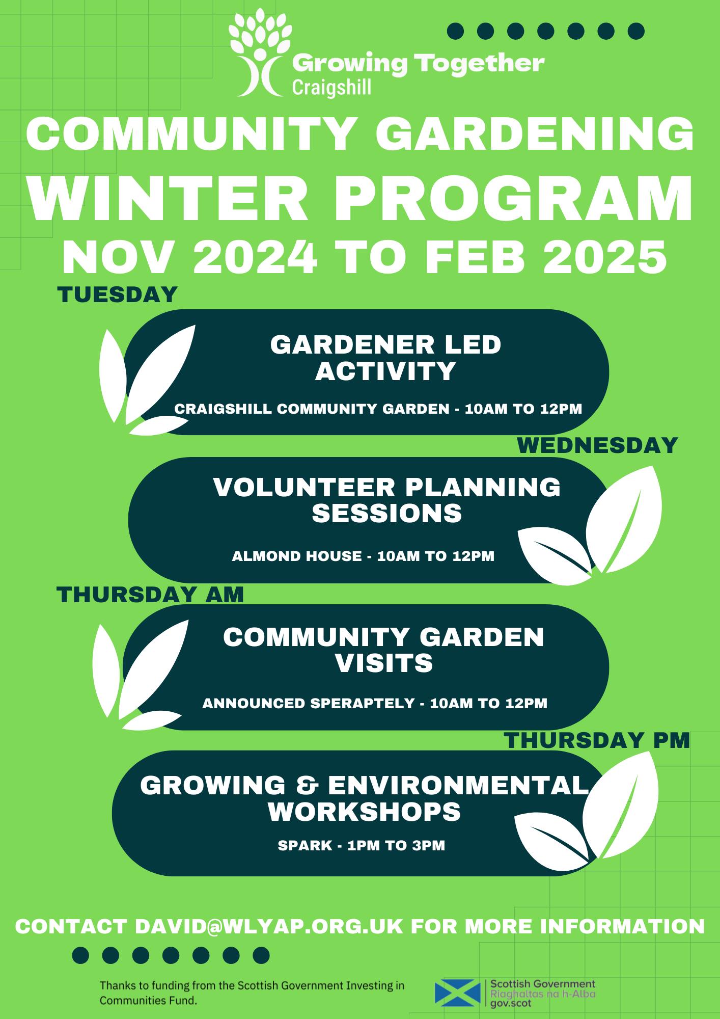 With the colder weather on its way the Growing Together Community Gardening program will be changing a bit from November.
- Tuesdays between 10am and 12pm will see the Craigshill Community Garden remaining open for Gardener led activity .
- Wednesdays between 10am and 12pm will have volunteer planning workshops and sessions looking at the growing and activity for the year ahead - In Almond big Livingroom.
- Thursdays between 10am and 12pm will be visits to other community gardens and horticultural and environmental places of interest - Each visit will be announced separately and leaving from outside Craigshill Community Garden.
- Thursdays between1pm and 3pm will be growing and environmental workshops - Held at Spark - Booking is essential
So as you can see there is still plenty to do, and keep us meeting up over the winter months.
This program is planned for November initially and if successful we will continue.
December will be a bit different - Watch this space for our more festive offerings!