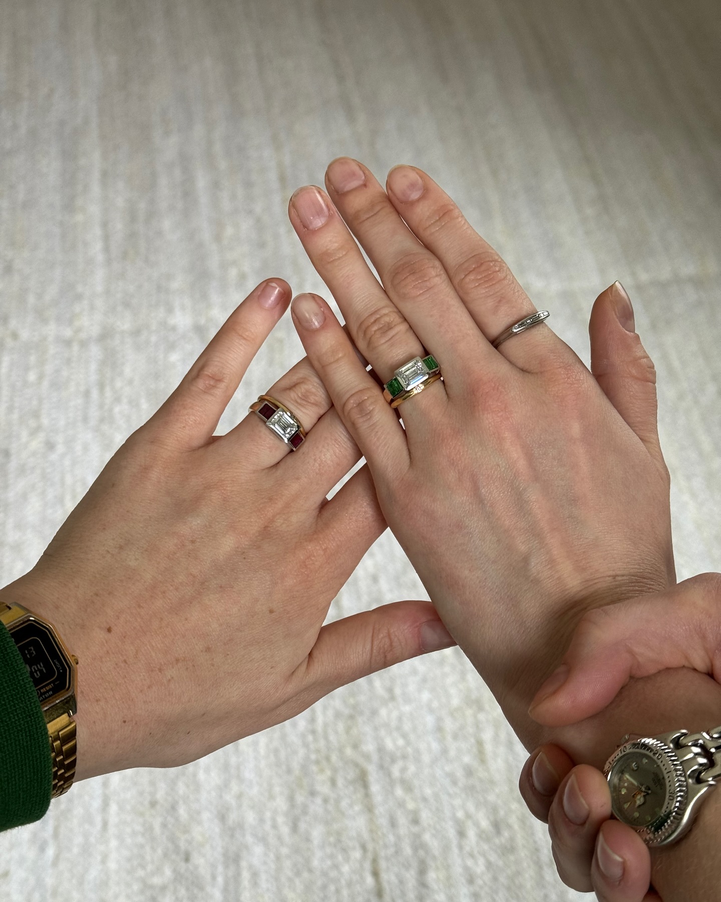 These two rings were made for two humans that I consider family ❤️ When you’re with these two you just feel their love. The simplicity of it is beautiful. They love and support each other completely ❤️ I’ve been lucky to have known these two for awhile - Tanner for 14 years (we counted 🤪) and Vicky since they met a bit after. We count them as family and are the best Aunts to the dudes being a constant in their lives since the start and for that I am so grateful.❤️
When they told me they were getting married I cried with happiness ❤️ It’s just how it should be.
We went back and forth figuring what they’d like and being that they are both artists the rings came together quickly. 2 stunner emerald cut diamonds flanked by a pretty set of 4 custom cut tsavorites and 4 ruby baguettes cut stones. A classic setting with squared off edges to a bit of an art deco style - classic and with visual weight of sparkling center diamond. ✨ Setting the stones in platinum and the band in 14k yellow gold for a mixed metal look to wear forever. ❤️ Biggest congrats to these two - love you both. ❤️ #customengagementrings#engagementring#love#studiolife#katherinelincoln#tsavorite#ruby#madeinnyc🗽