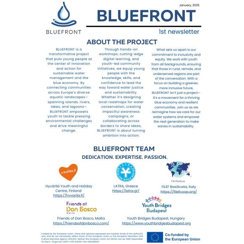 🌟 Introducing BLUEFRONT’s first newsletter! 🌟
💬Here’s what you’ll find in our debut issue:
🔹 Kick-off in Athens: The BLUEFRONT consortium came together to ignite a journey toward water justice, youth empowerment, and a thriving blue economy.
🔹 Focus groups: Dynamic discussions with youth activists and experts are paving the way for transformative "Water Roadmaps" across Europe.
📩 Subscribe to our newsletter and Join the Movement at: https://www.bluefront.info/contact
💙 Together, we can make waves for a better future!
#BlueFront #ErasmusPlus #ClimateAction #YouthForChange #EUClimateAction #BlueEconomy #Sustainability #WaterResources #WaterJustice #EuropeanGreenDeal #EUYouth #ClimateJustice #Finland #Greece #Hungary #Malta #Italy