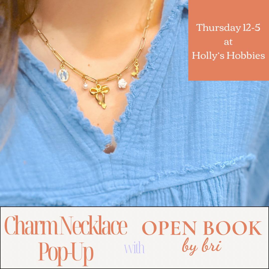 Hoping to see yall at the Mini Charm Necklace & Pin Bar Pop-Up at Holly’s Hobbies ❤️❤️❤️
If you didn’t get your charm necklace at Noel on the Prairie come shop with me tomorrow from 12-5 & create your own! These necklaces & pins tell a story! 💌
I have plenty of options for y’all to make customized charm necklaces & pins! ❤️🎄🫶