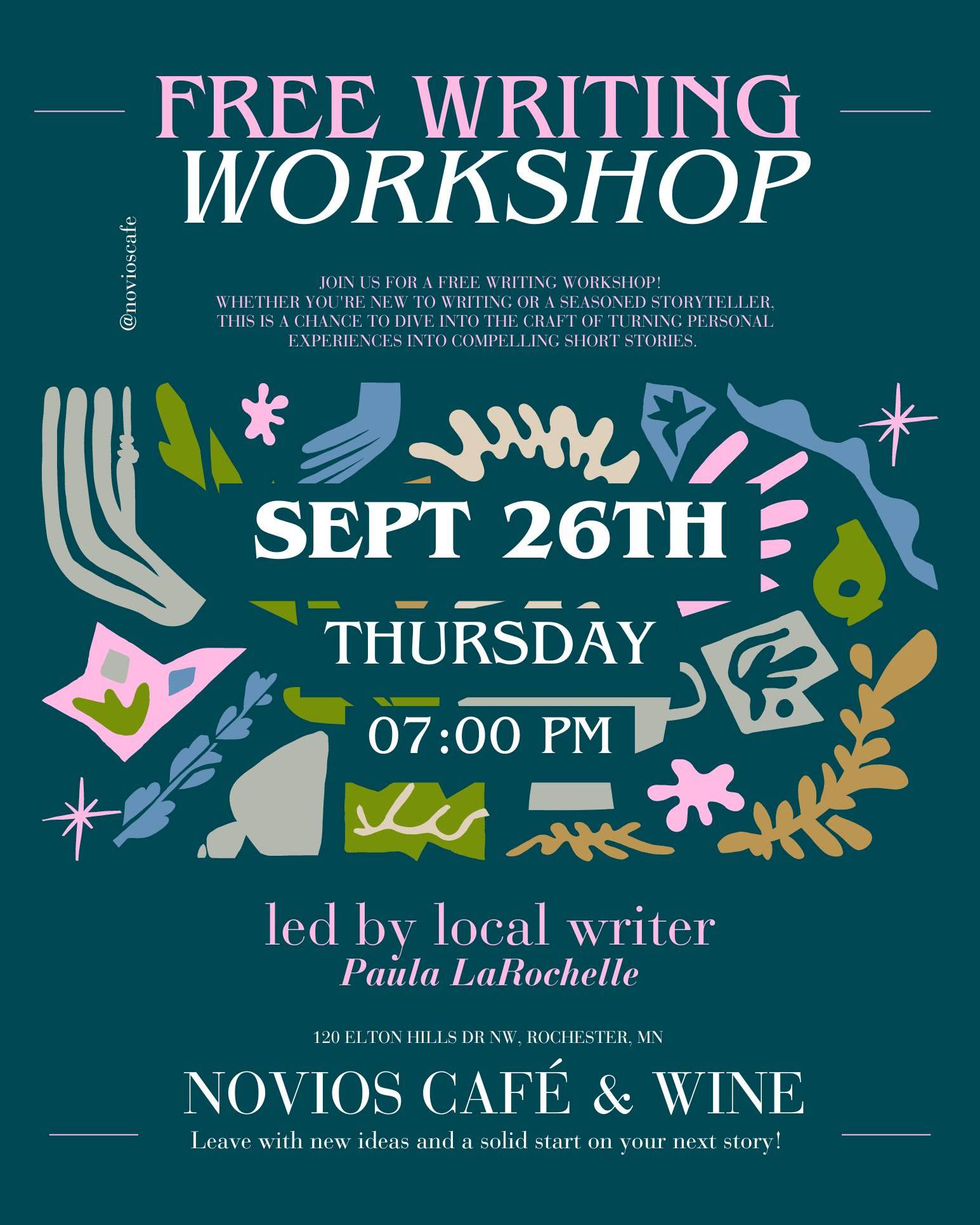 ✏️Join us tomorrow, Thursday, September 26th, for a FREE writer's workshop led by Paula LaRochelle!
Whether you're new to writing or a seasoned storyteller, this is a chance to dive into the craft of turning personal experiences into compelling short stories to share with loved ones or a wider audience. We'll explore writing techniques, how to create vivid scenes, and help you develop your story outline.
Leave with new ideas and a solid start on your next story! Don’t forget to bring something to write with or on.
Outline:
📅 Date: Thursday, September 26
🕕 6:45 PM: Arrive, order a coffee, tea, or glass of wine from Novios, and settle in. (No purchase necessary to join the workshop.)
🕖 7:00 - 8:15 PM: Workshop time!
📍 Location: Novios Café
Let's write your story together!
Paula is a local writer and former Deputy Editor of Alpinist magazine, and a member of the H. Adams Carter Literary Award committee.