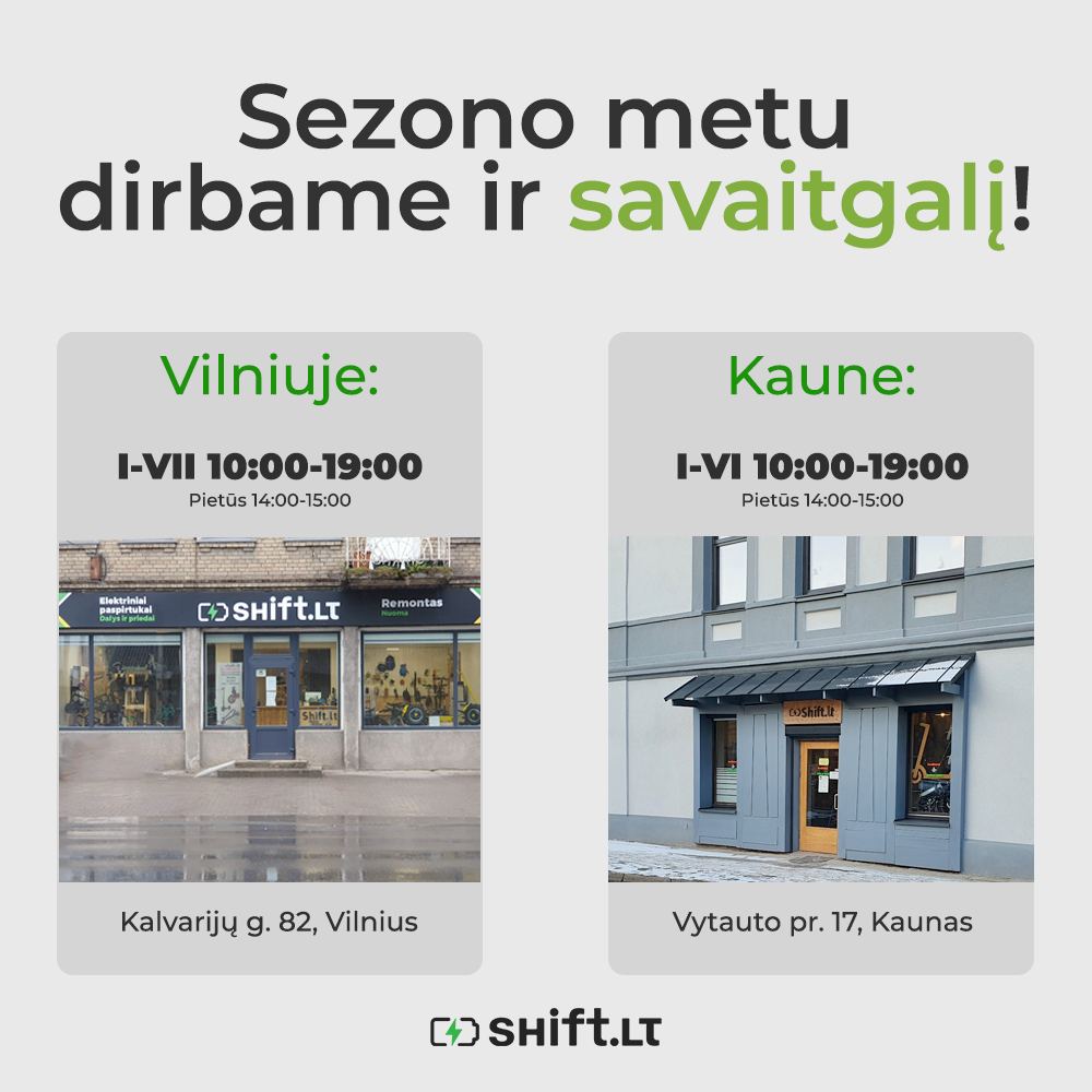 Sezonas visu pagreičiu įsibėgėjo ir mes turime jums gerų naujienų!
Kurį laiką svarstėme ir gilinomės į savo mylimiausių klientų užklausas, pastebėjimus ir patarimus, nagrinėjome Google Reviews (išskirtinis ačiū visiems, kurie dalinasi nuoširdžiais atsiliepimais), na ir pamatėme, jog daugelis jūsų bando laimę ir beldžiasi į mūsų duris savaitgalį - būtent tada, kai ilsimės 😀 Apsitarę su komanda nusprendėm, kad klientų patogumui norim palikti jums atviras duris ir savaitgaliais, nes žinom, kad paspirtukai statistiškai labiausiai lūžta būtent savaitgaliais 😅 Tai skelbiam atnaujintą vasaros sezono darbo laiką mūsų SHIFT.LT parduotuvėse:
VILNIUS: Pirmadienis - Sekmadienis 10:00-19:00 🎉
KAUNAS: Pirmadienis - Šeštadienis 10:00-19:00 🎉
Labai lauksim jūsų paspirtukų bei dviračių (adresus jau turėtumėt mintinai žinot, bet jei ne - Kalvarijų g. 82, Vilnius, Vytauto pr. 17, Kaune 😉). Kaip visad, mūsų parduotuvėse galėsite įsigyti ir aksesuarų bei priedų elektriniams paspirtukams bei dviračiams - na, čia jei savaitgalį į kokią išvyką lėksit ir suprasit, kad trūksta krepšio, telefono laikiklio ar skambučio (papypint pėstiesiams, kurie dviračių takais vaikšto 😀). Lauksim jūsų ir jei norite įsigyti elektrinį paspirtuką ar dviratį - šiam sezonui turim naujienų iš rinkos žinomiausių gamintojų, tad užsukit pasižvalgyti. Iki greito!