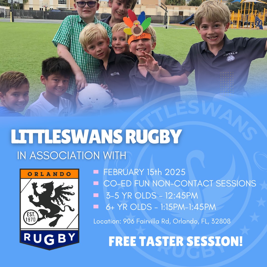 🏉FREE YOUTH RUGBY CLINIC for children ages 3 to 14 THIS SATURDAY February 15th at the Orlando Rugby Fairgrounds field! This is a fantastic opportunity to introduce your kids to rugby in a safe, fun and supportive environment—no experience needed!
Event Details:
Date: February 15, 2025 (Saturday)
Time: 12:45 pm - 1:45 pm (3-5 Year Olds then 6+)
Location: Orlando Fairgrounds Field (906 Fairvilla Rd, Orlando, FL 32808)
Youth Clinic: For ages 3–14,
Cost: free of charge
Cheer on Orlando's D2, D3, and UCF teams afterward!
RSVP or register your interest
Bring your children, nieces, nephews, grandkids, or any young potential rugby stars you know. After the clinic, stick around to watch D2, D3, and Women squads compete on home turf. It’s a great day to celebrate one-club spirit and showcase the fun, camaraderie, and excitement of rugby🏉🏉
