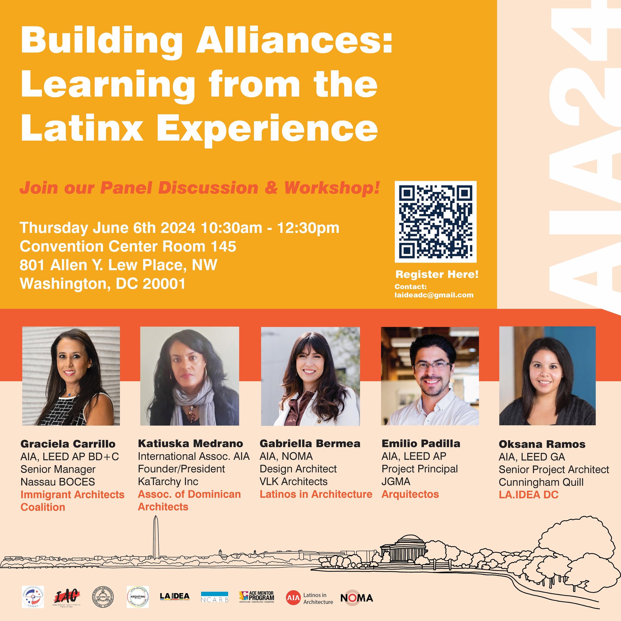 Join our panel discussion and workshop at AIA24!!
Building Alliances: Learning from the Latinx Experience
Based on the latest census data, the Hispanic demographic continues to be the largest catalyst of population change in the United States. In this session, you’ll learn about the work of AIA leaders to open up the profession to a wider range of perspectives. You’ll also discover how to bridge the cultural gap by starting an affinity group within an organization, strengthening outreach and fundraising, advocating for more equitable hiring practices, supporting underrepresented communities and their allies, and reaching broader communities in celebration of each other’s work.
Panel:
Graciela Carrillo, AIA, LEED AP BD+C – Nassau BOCES (Immigrant Architects Coalition)
Katiuska Medrano, Intl. Assoc. AIA – KaTarchy Inc. (Assoc. of Dominican Architects)
Gabriella Bermea, AIA, NOMA – VLK Architects (Latinos in America)
Emillo Padilla, AIA, LEED AP – JGMA (Arquitectos)
Oksana Ramos, AIA, LEED GA – Cunningham Quill (LA.IDEA DC)
#aia #aia24 #washingtondc #architecture #aiadc #latinx #latinxdesigner