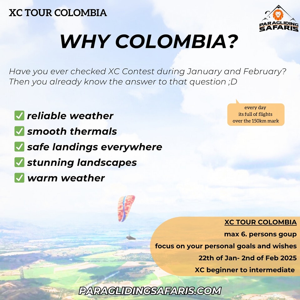 Why fly in Colombia? 🌍
Have you ever checked XC Contest during January or February? If yes, you already know the answer to that question 😄
🇨🇴 Consistent weather and smooth thermals.
🦅 Ideal for XC flights and progression.
🏞️ Stunning landscapes you’ll never forget.
Colombia is a paradise for paragliders—come and experience it yourself!
#FlyColombia #XCParagliding