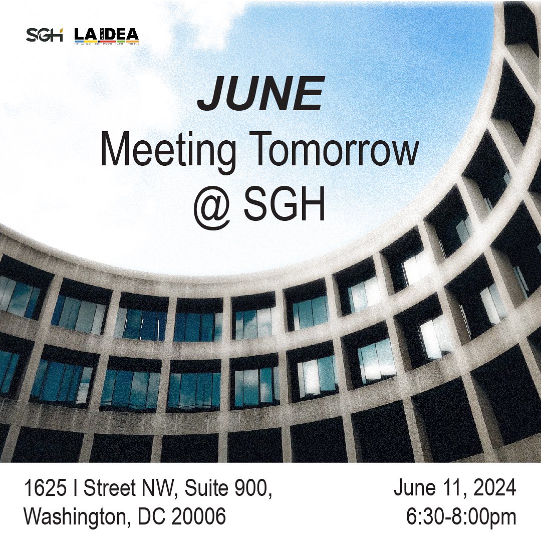 Join us for our *OPEN* monthly meeting tomorrow at SGH’s office in downtown DC!
Tuesday, June 11, 2024 6:30-8:00pm
1625 I St NW, Suite 900, Washington, DC 20006
*Please email or dm to RSVP*