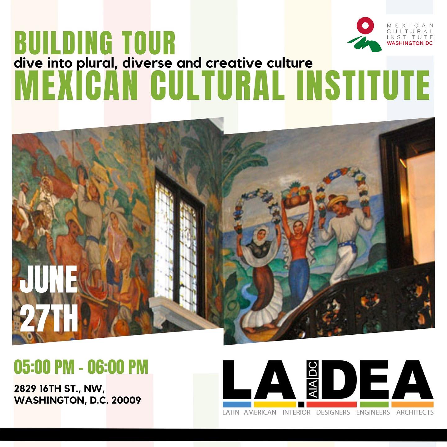 Join LA.IDEA tomorrow at the Mexican Cultural Institute for a building tour of the historic mansion!
Learning Objectives:
Learn about the history of the 16th street mansion, as well as examine the process designating the building as a historic site and listing in the National Register of Historic Places.
Learn about the work of celebrated American Architect Nathan Wyeth, who is most known for designing the West Wing of the White House and the Francis Scott Key Bridge.
Tour the mansion’s beautiful murals and decorations throughout each room, exploring the different characteristics of the Beaux Arts movement, as it relates to Washington D.C.’s vernacular architecture style.
Discuss how the Mexican Cultural Institute utilizes the building today to promote cultural and artistic programs in Washington D.C.